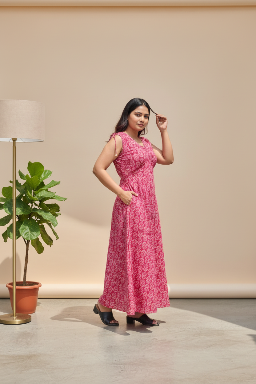One Piece Shouler Tie Cotton Long Dress