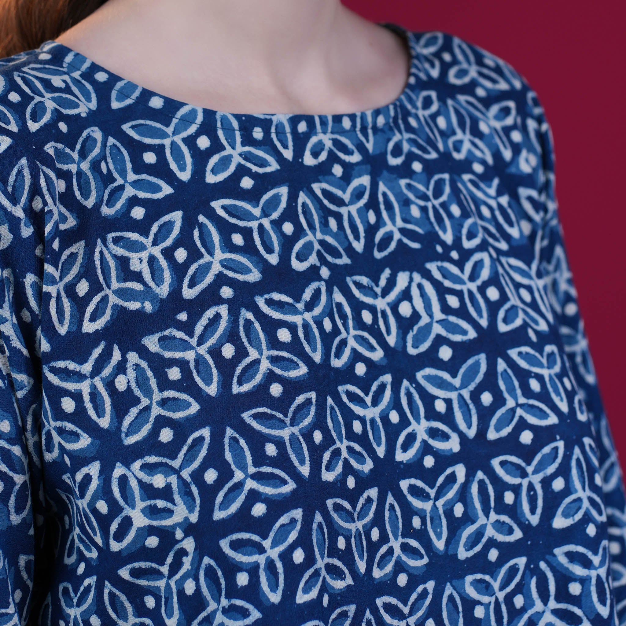 Indigo Dabu Print Frill Cotton One Piece Dress