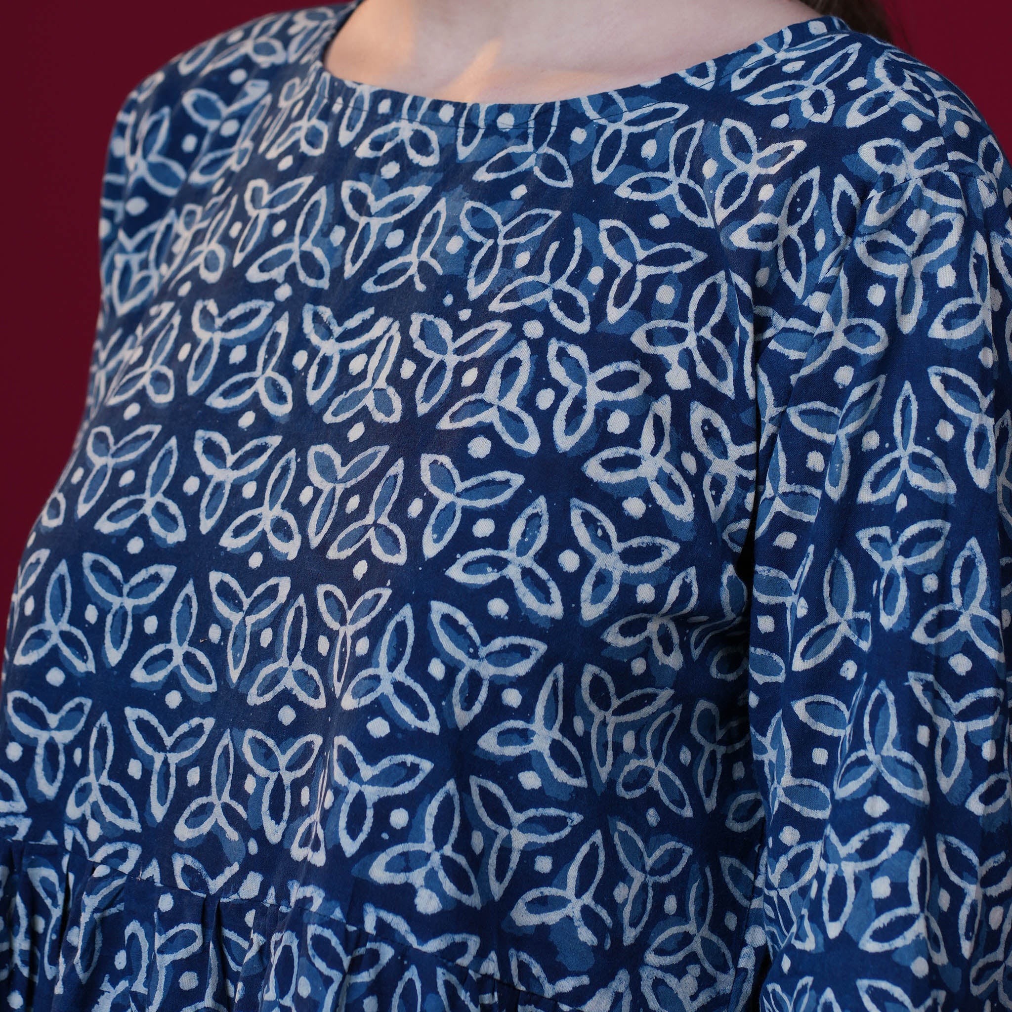 Indigo Dabu Print Frill Cotton One Piece Dress