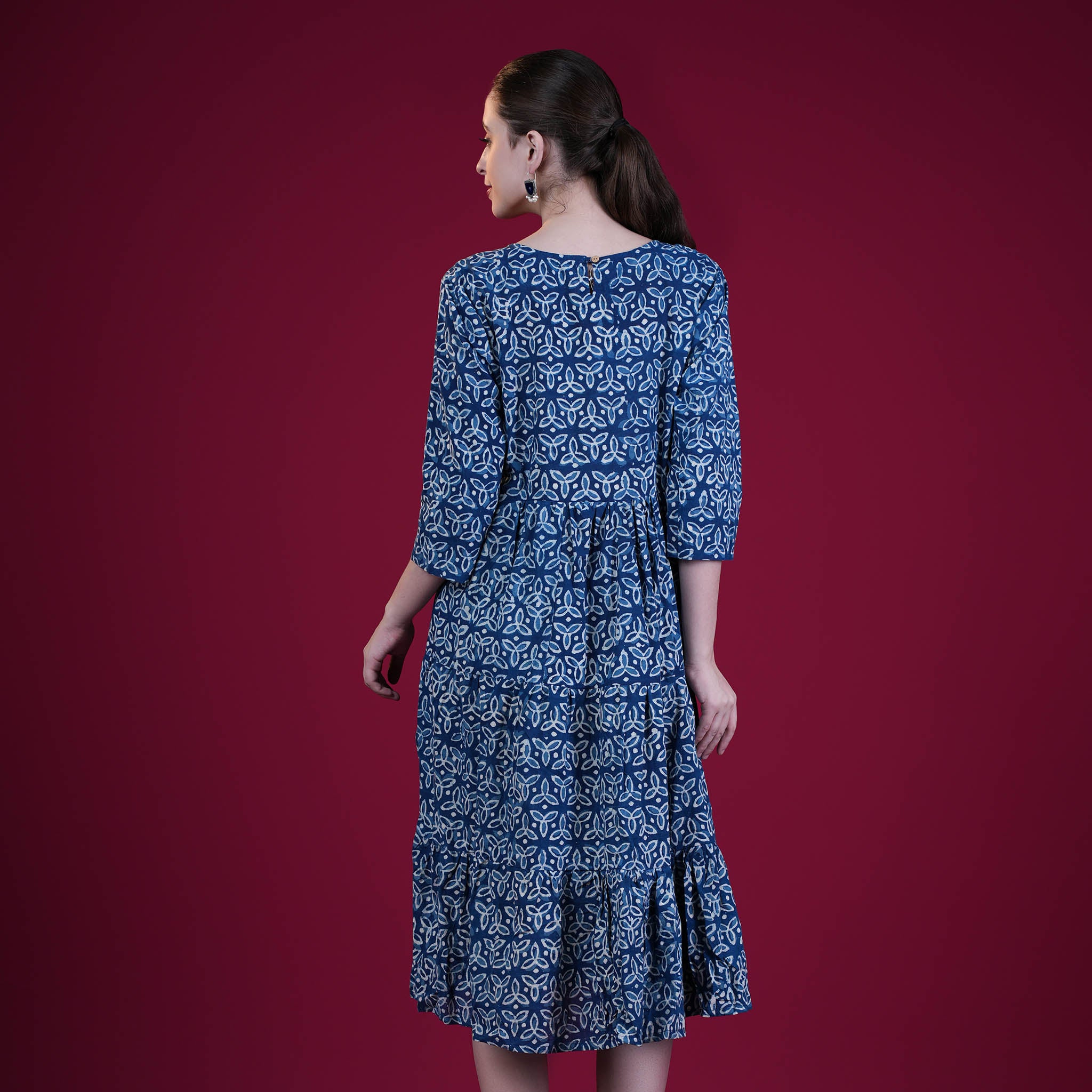 Indigo Dabu Print Frill Cotton One Piece Dress