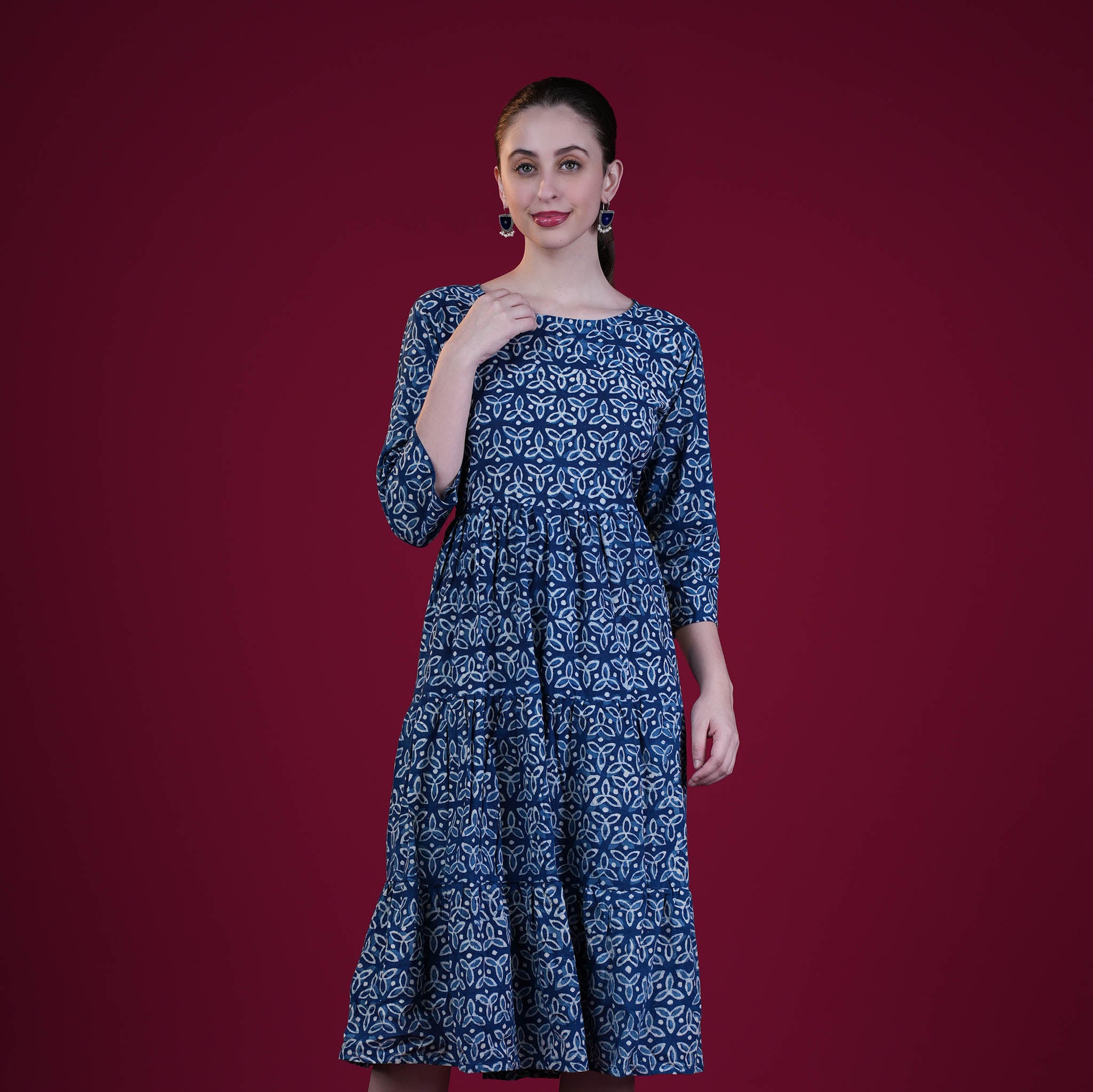 Indigo Dabu Print Frill Cotton One Piece Dress
