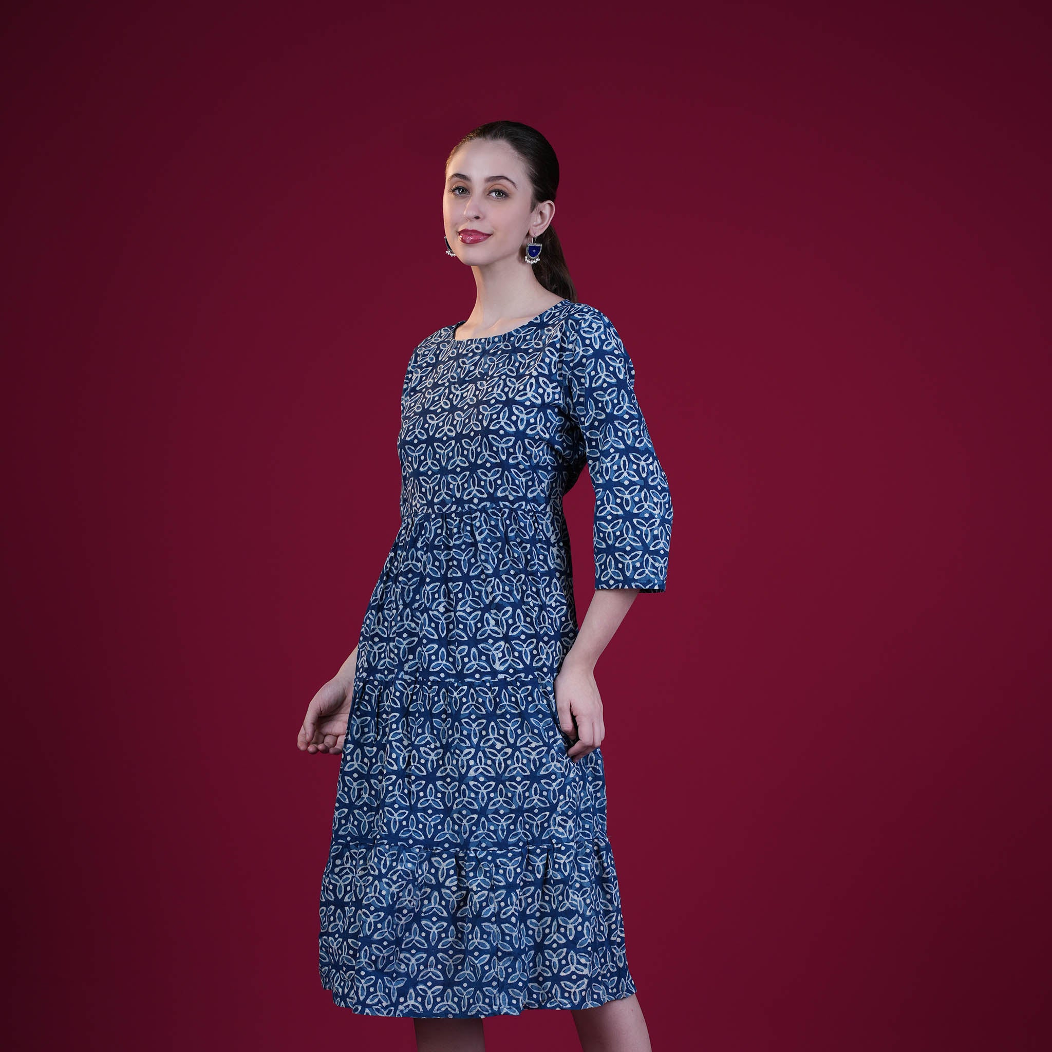 Indigo Dabu Print Frill Cotton One Piece Dress