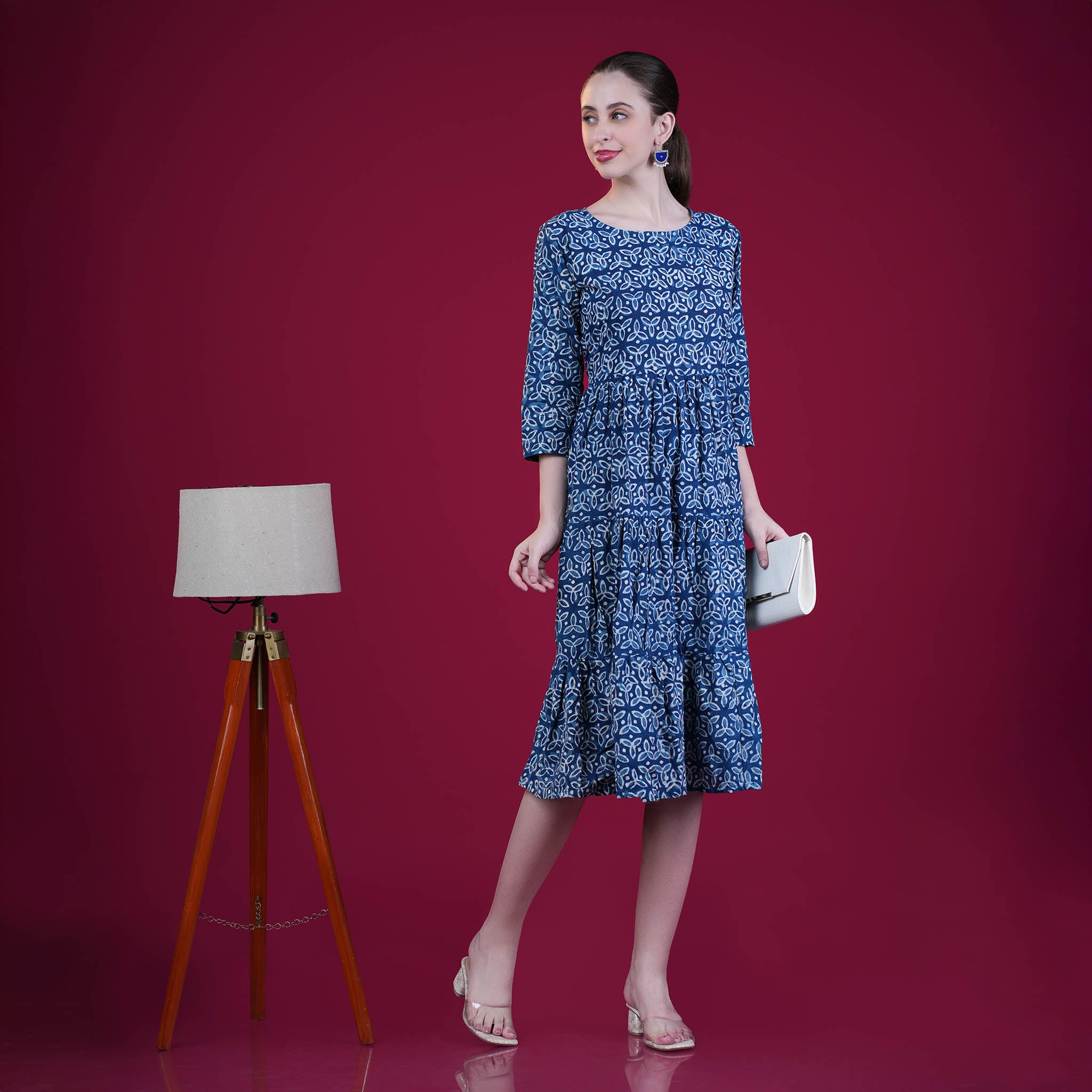 Indigo Dabu Print Frill Cotton One Piece Dress