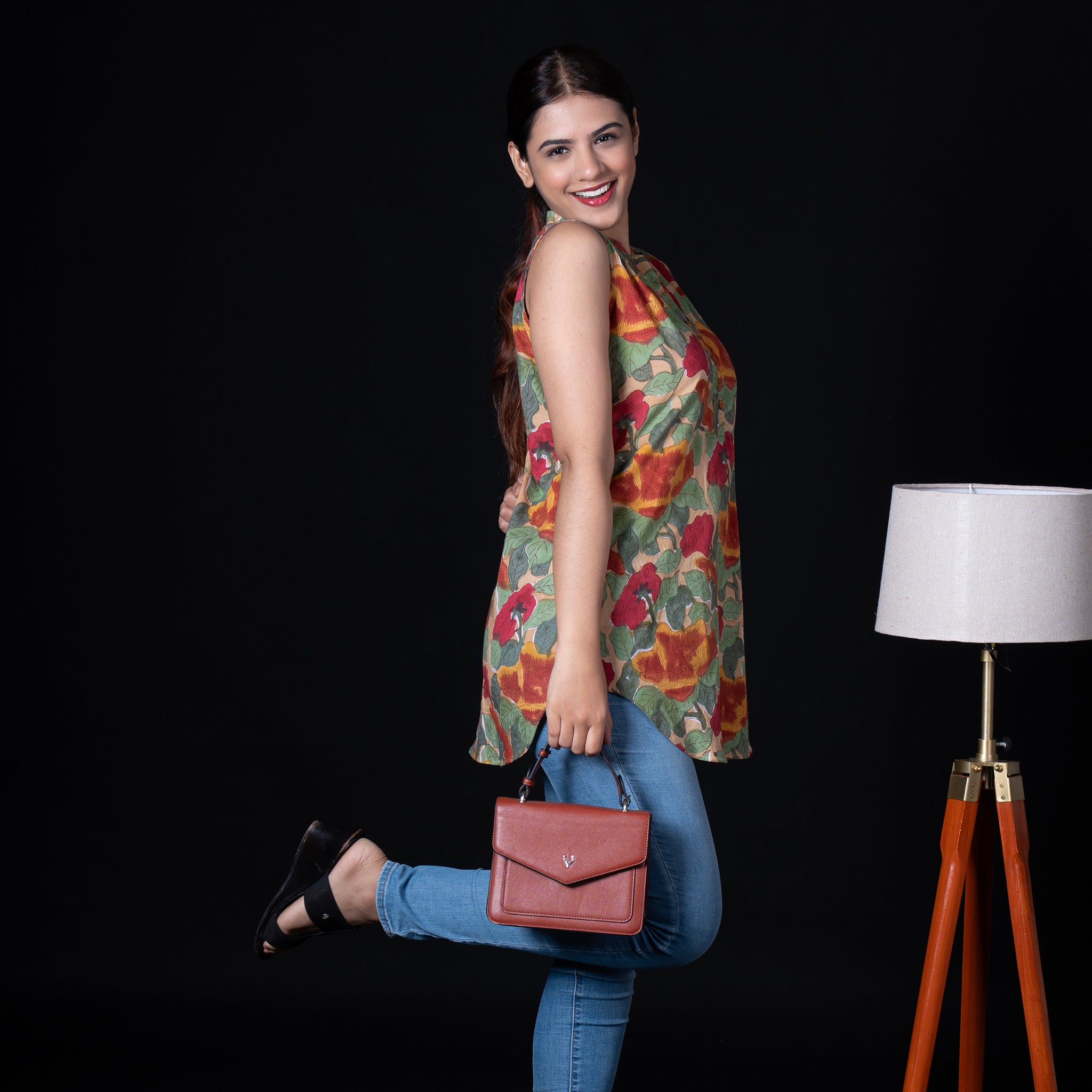 Beige Sleeveless Asian Collar Cotton Tunic with Floral Print