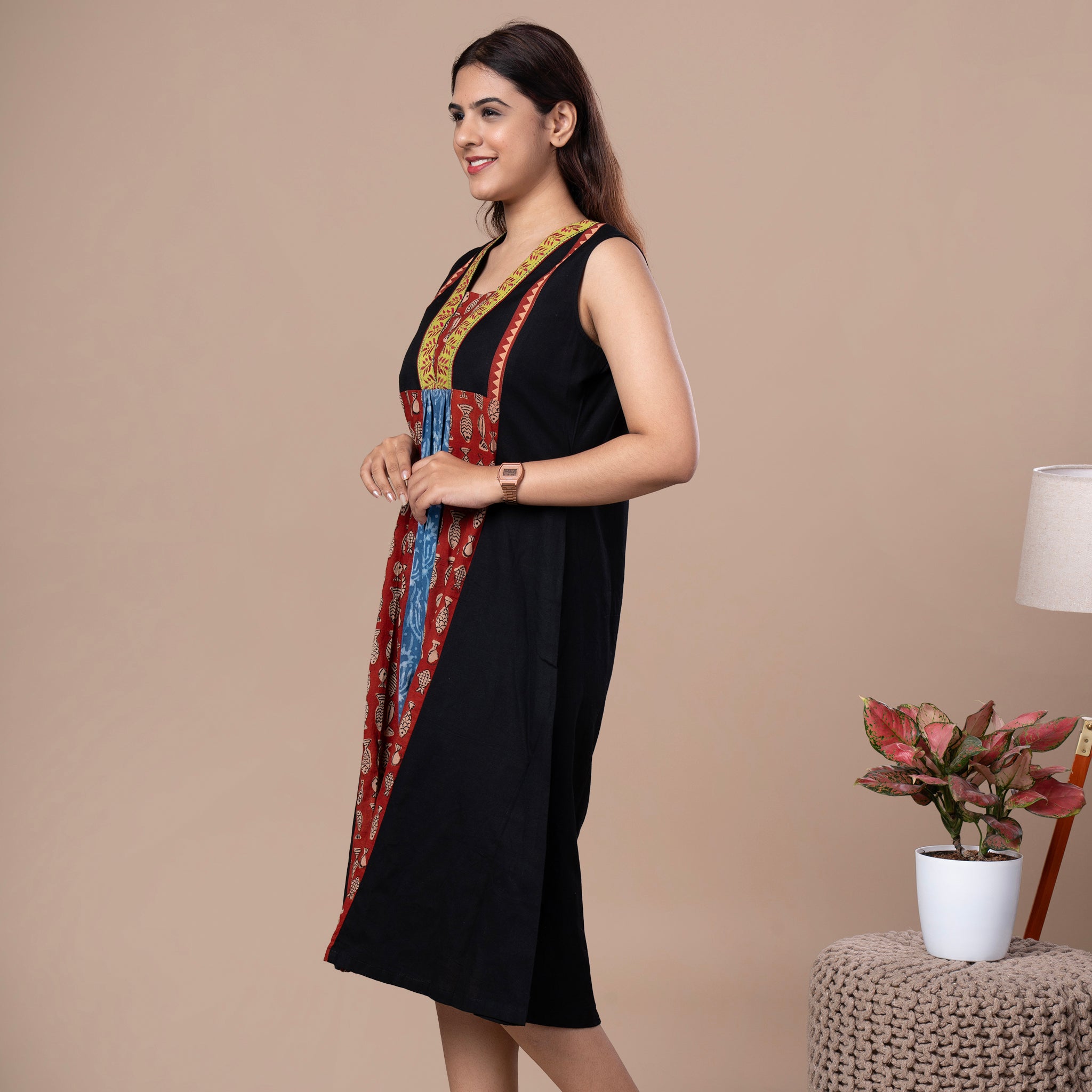 Cotton Dabu Patchwork Designer Dress With Kantha Work