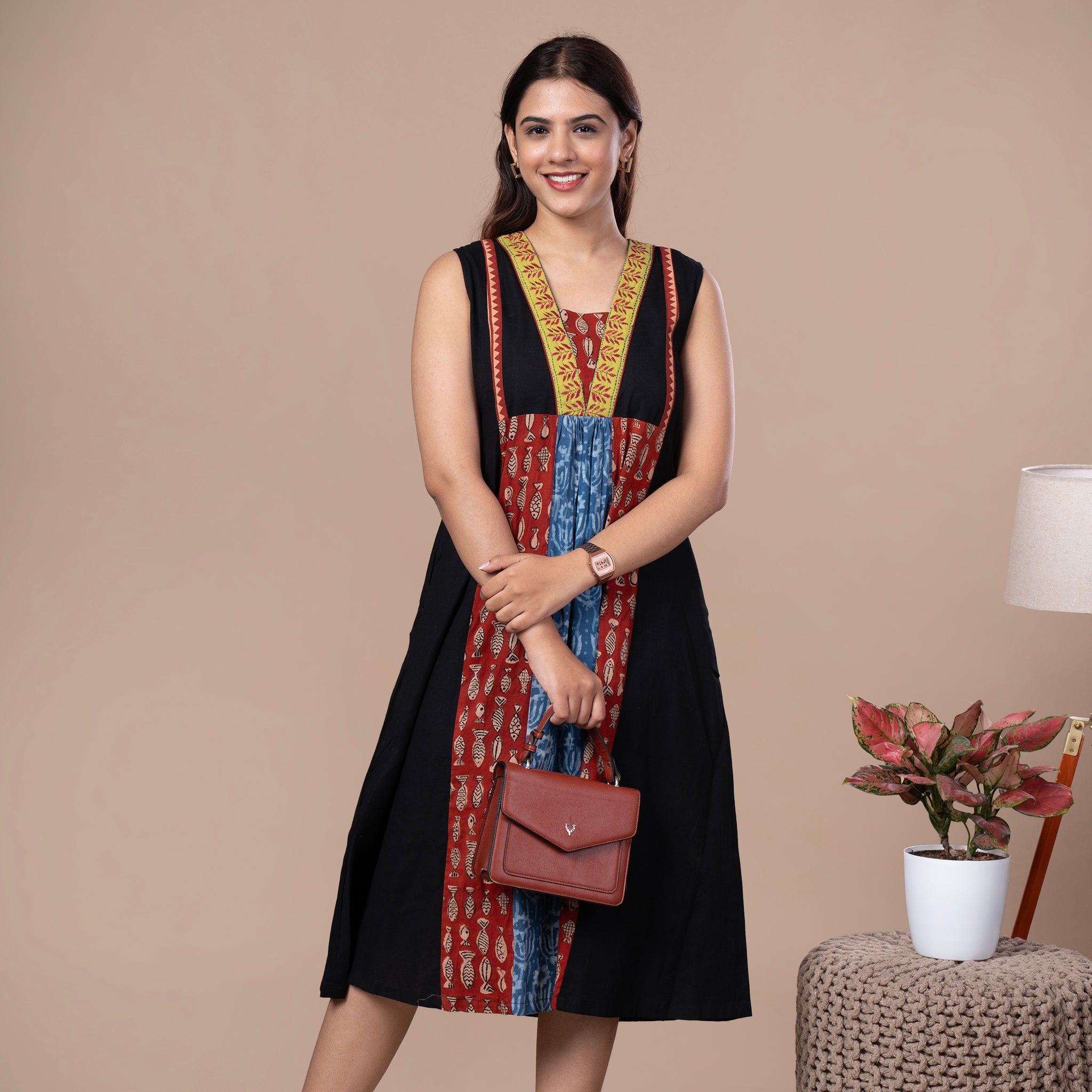 Cotton Dabu Patchwork Designer Dress With Kantha Work