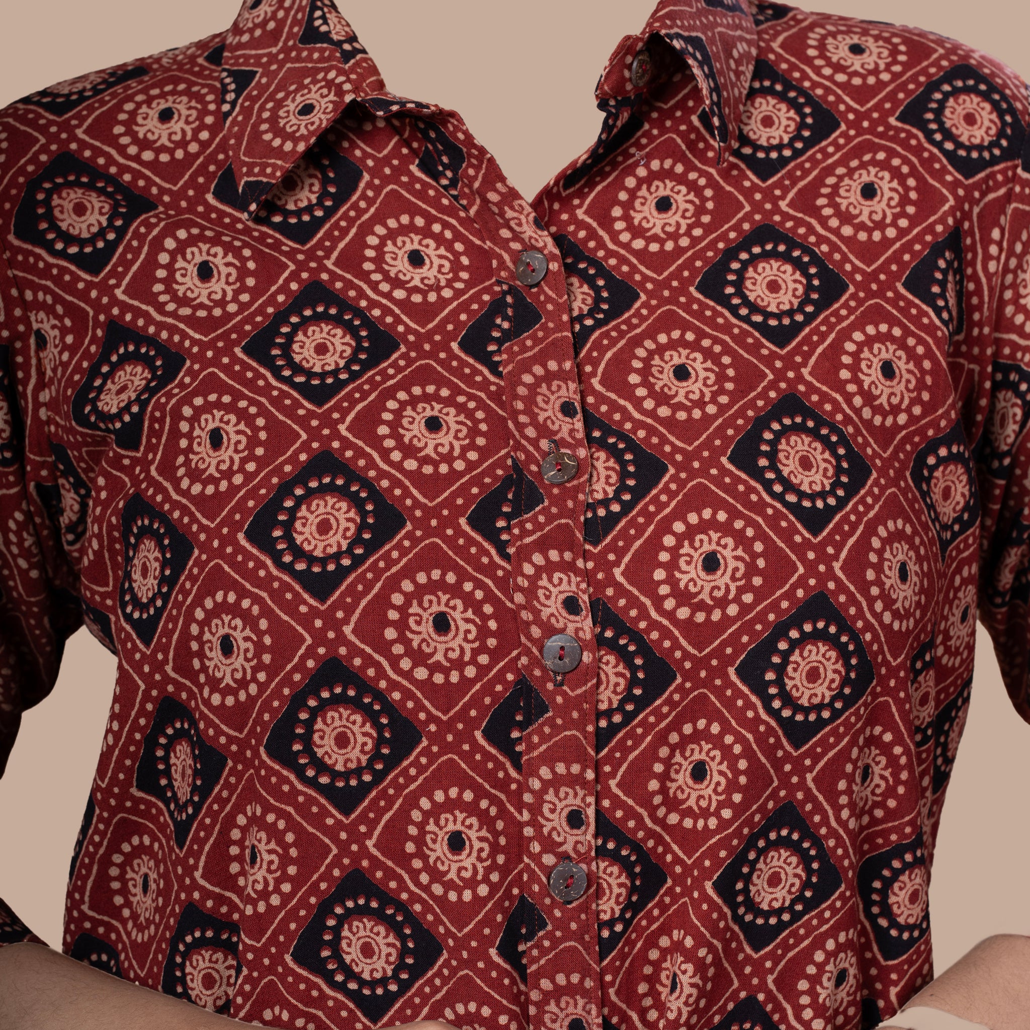 Ajrakh Print Cotton Boyfriend Shirt Dress