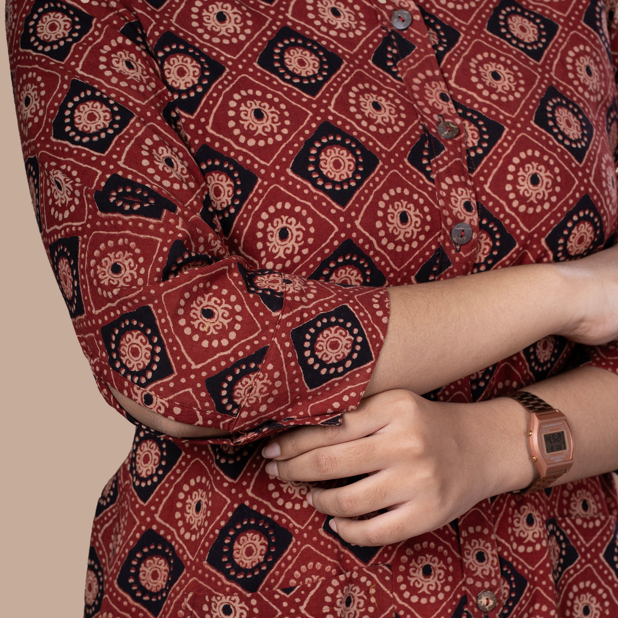 Ajrakh Print Cotton Boyfriend Shirt Dress