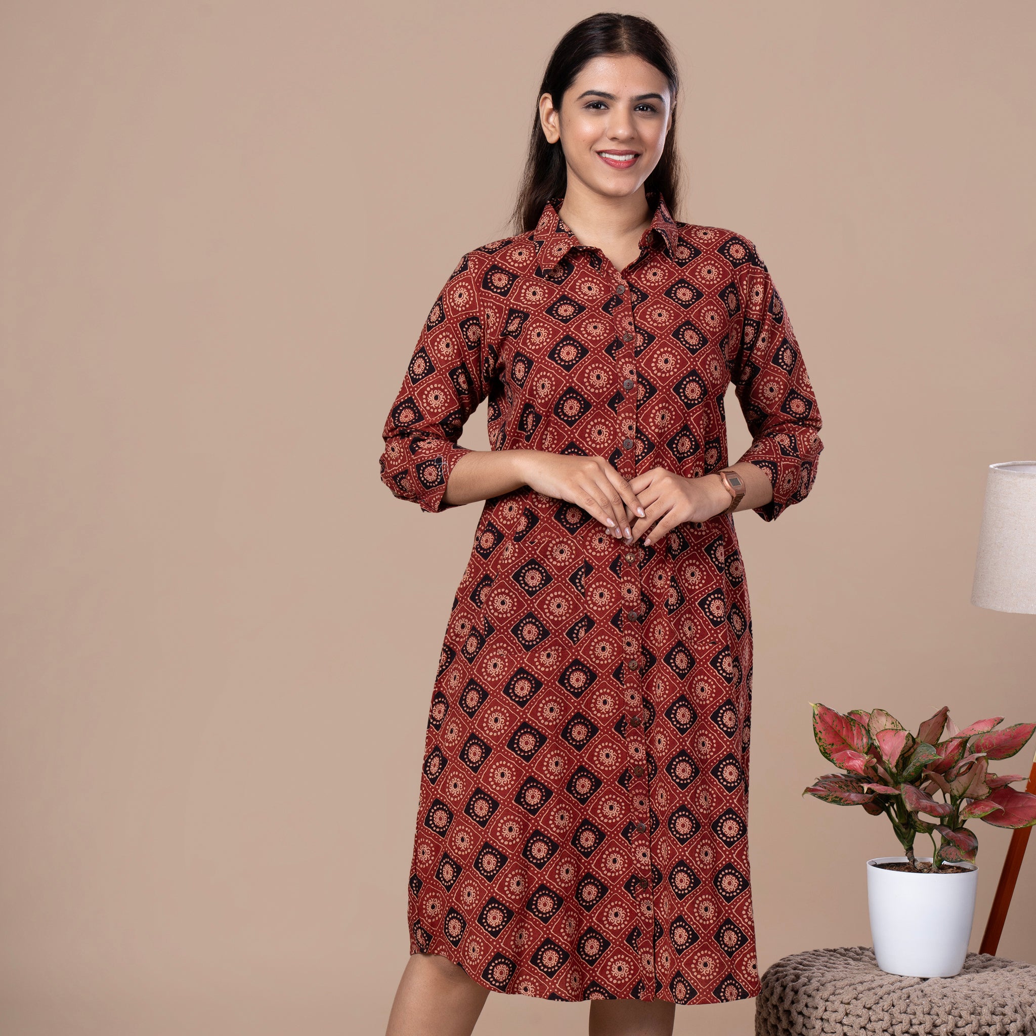 Ajrakh Print Cotton Boyfriend Shirt Dress