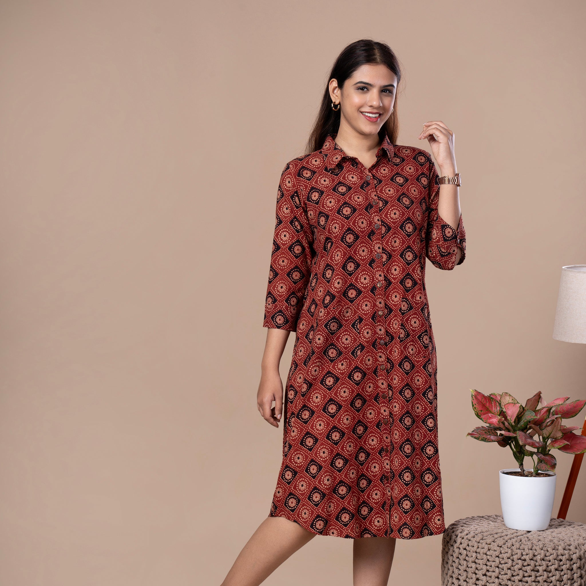 Ajrakh Print Cotton Boyfriend Shirt Dress