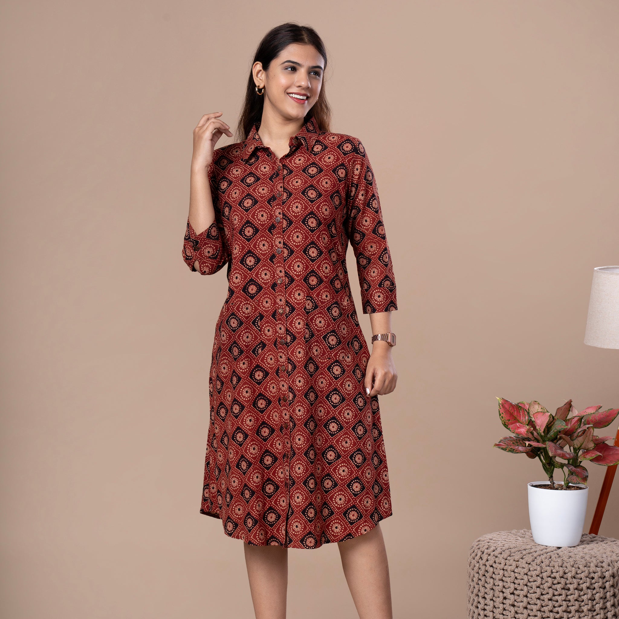 Ajrakh Print Cotton Boyfriend Shirt Dress