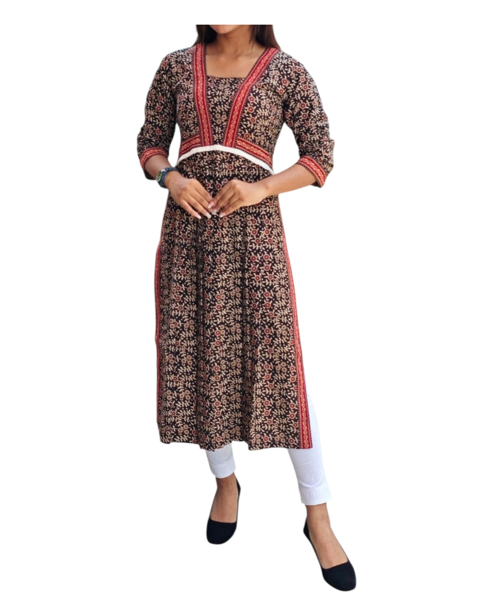 Buy Ajrakh Print Nyra Cut Cotton Kurta in black – Tvahra