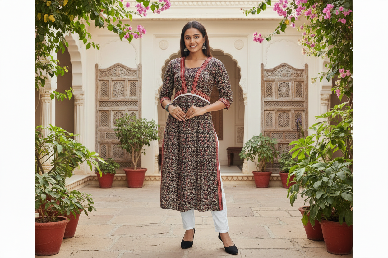 Ajrakh Print Nyra Cut Cotton Kurta - Black