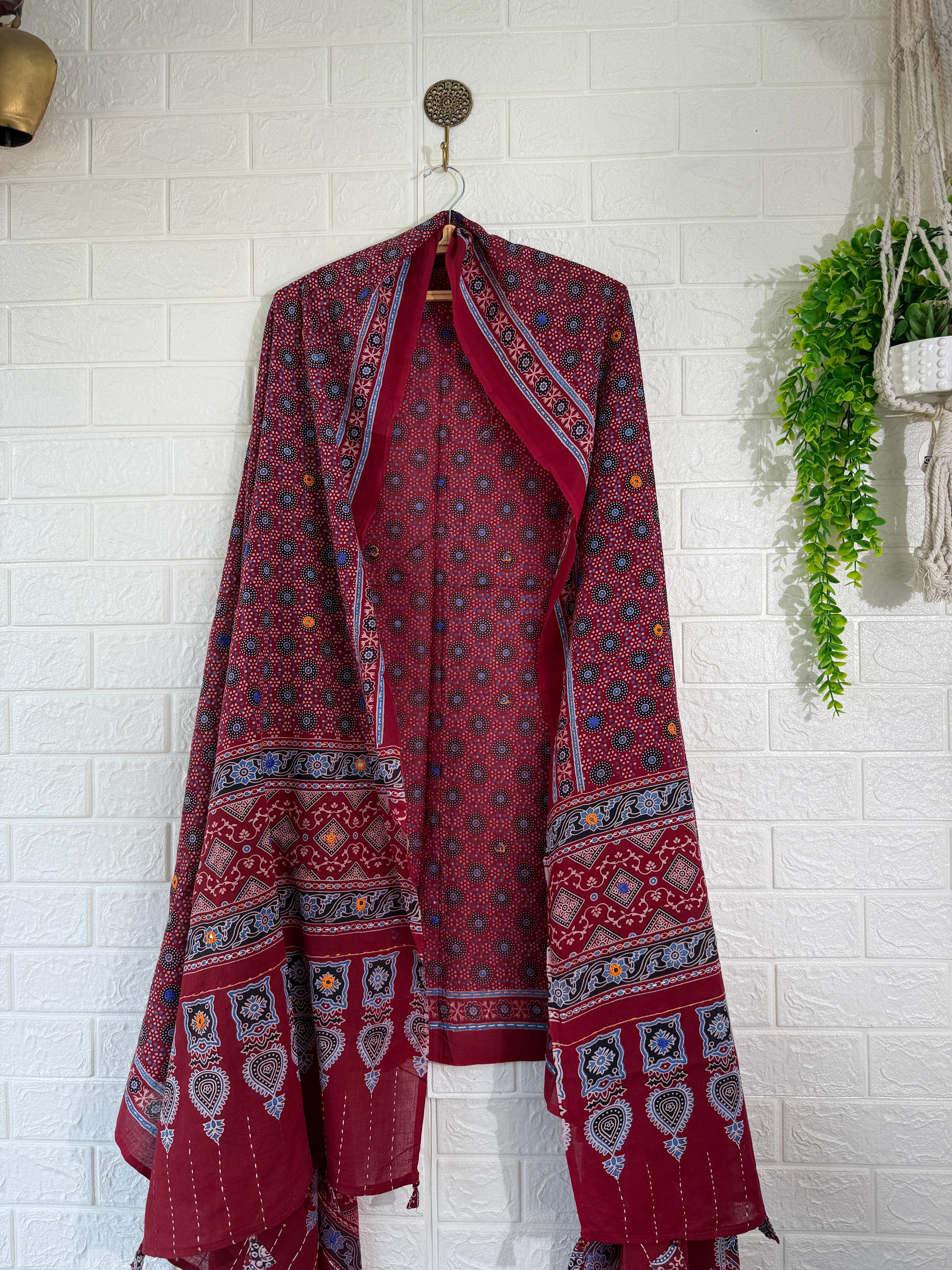 Ajrakh Print Cotton Dupatta - Maroon