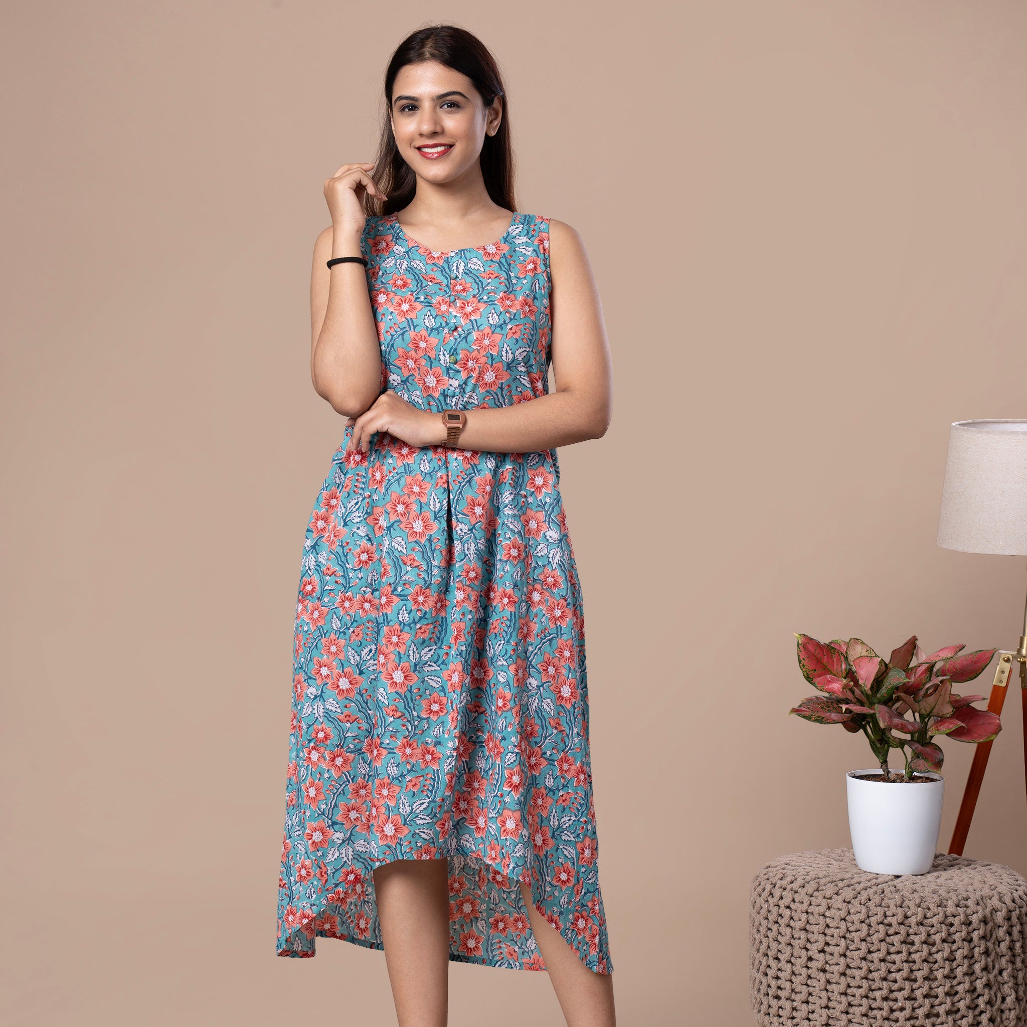 Floral Print Sleeveless Cotton One Piece High Low Dress