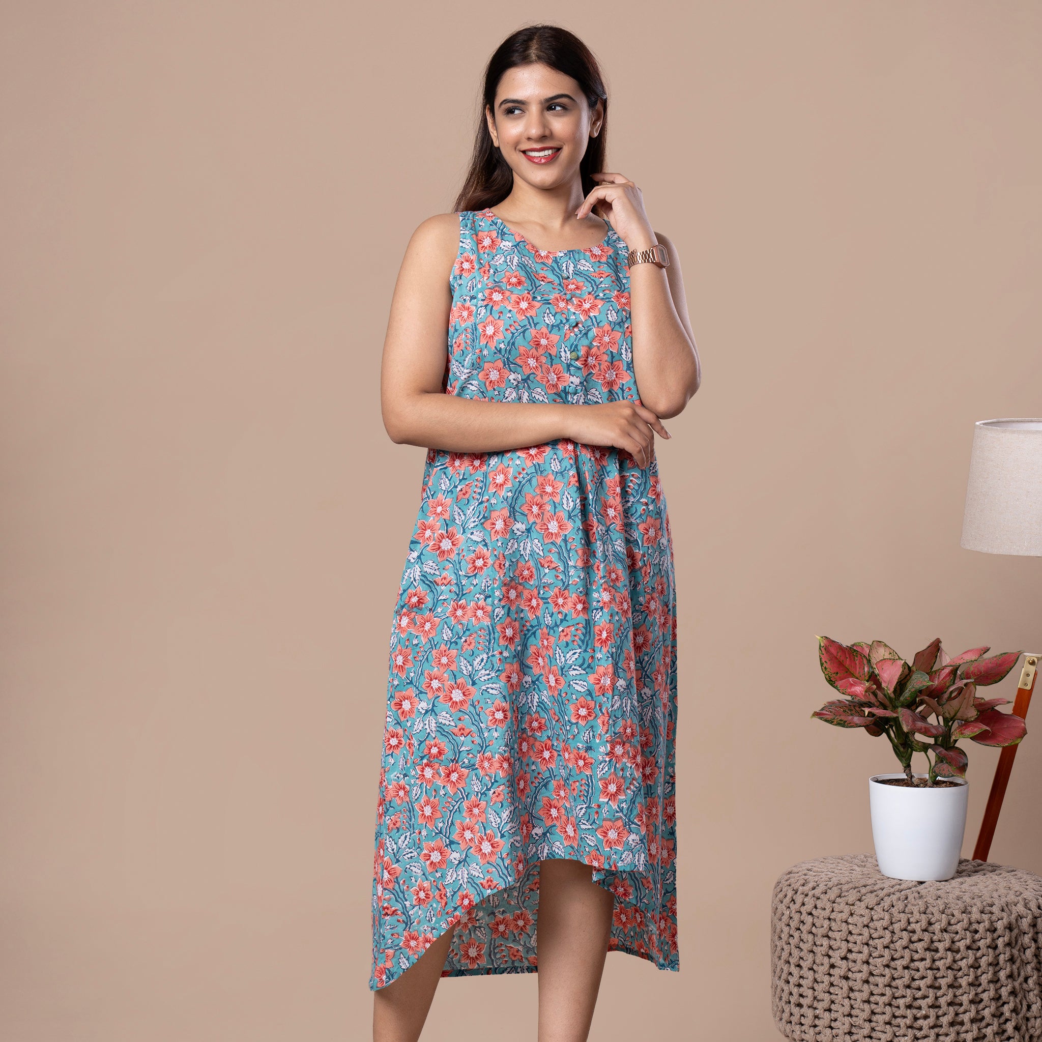 Floral Print Sleeveless Cotton One Piece High Low Dress