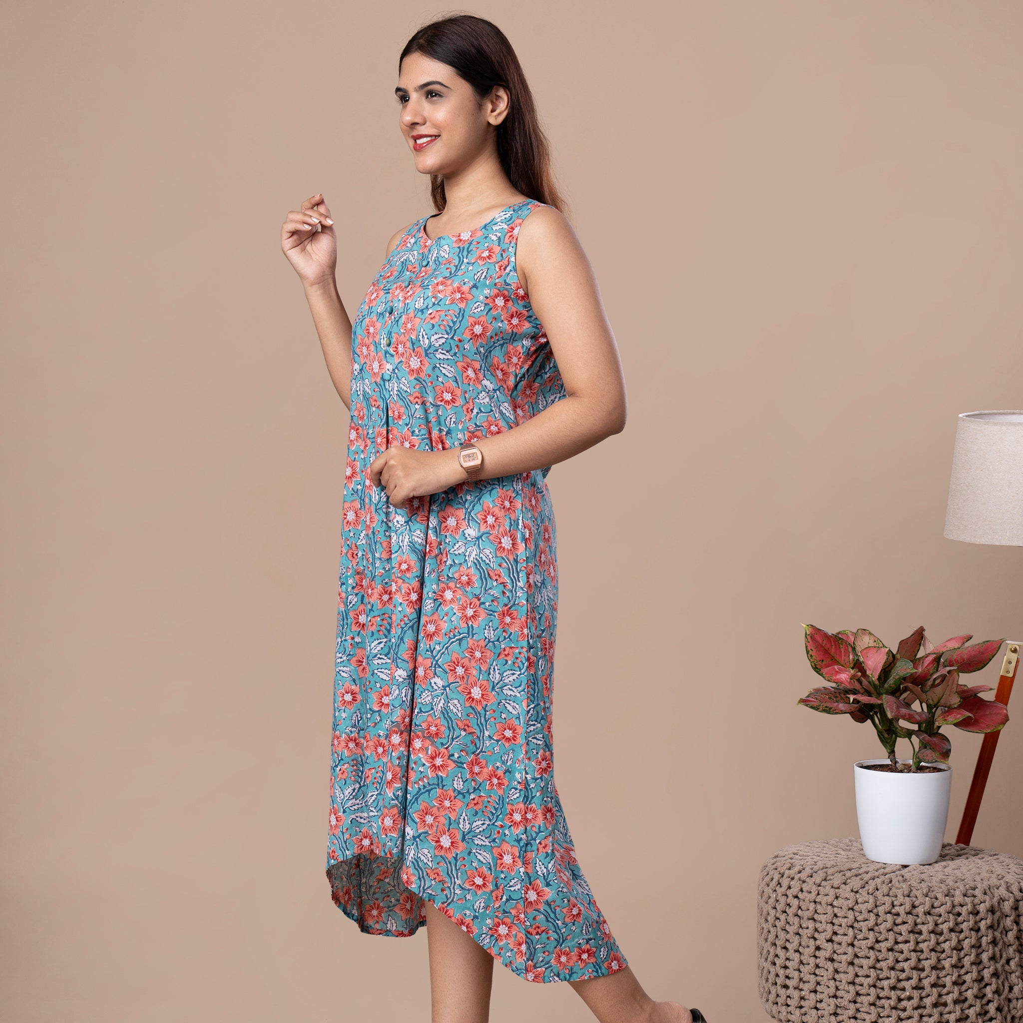Floral Print Sleeveless Cotton One Piece High Low Dress