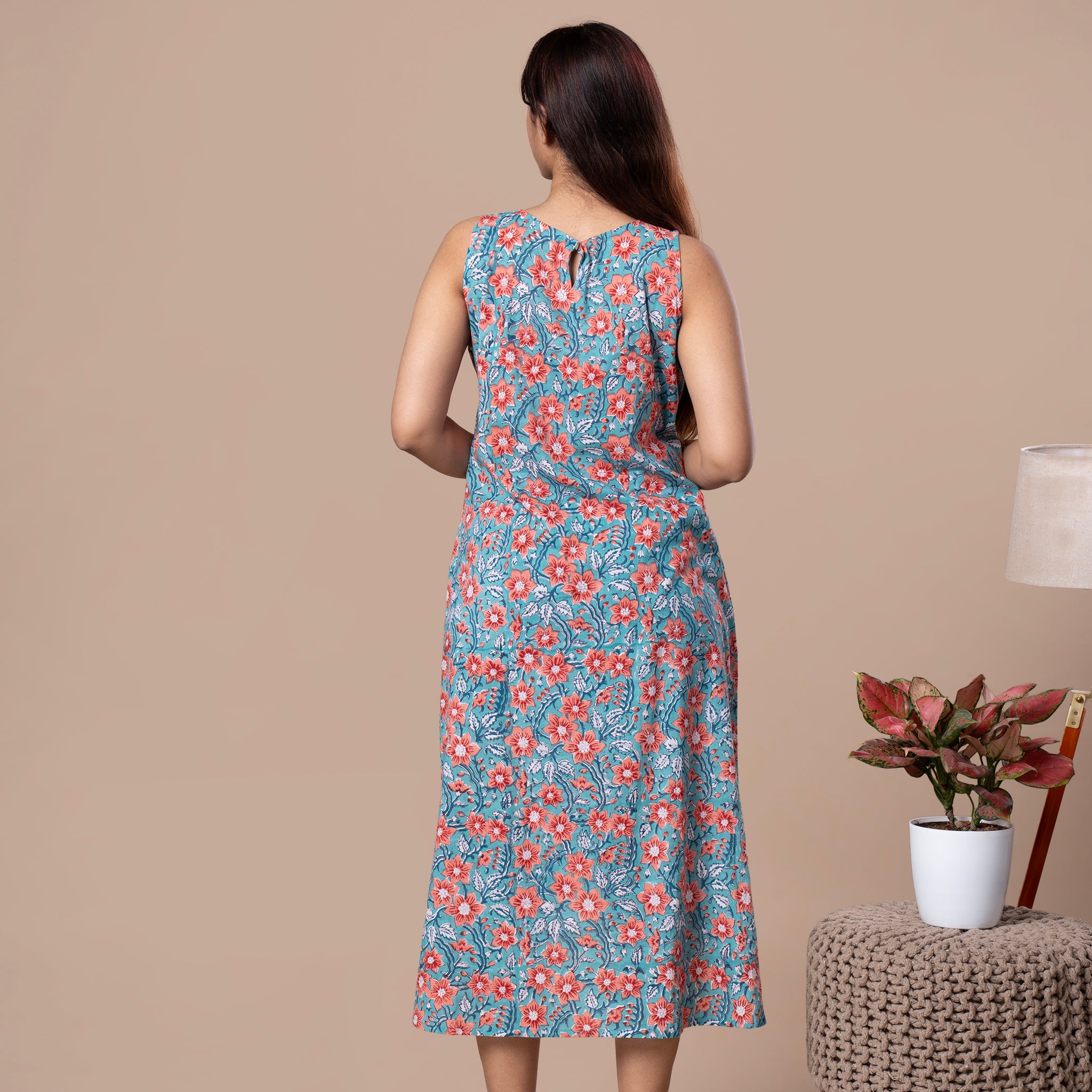 Floral Print Sleeveless Cotton One Piece High Low Dress