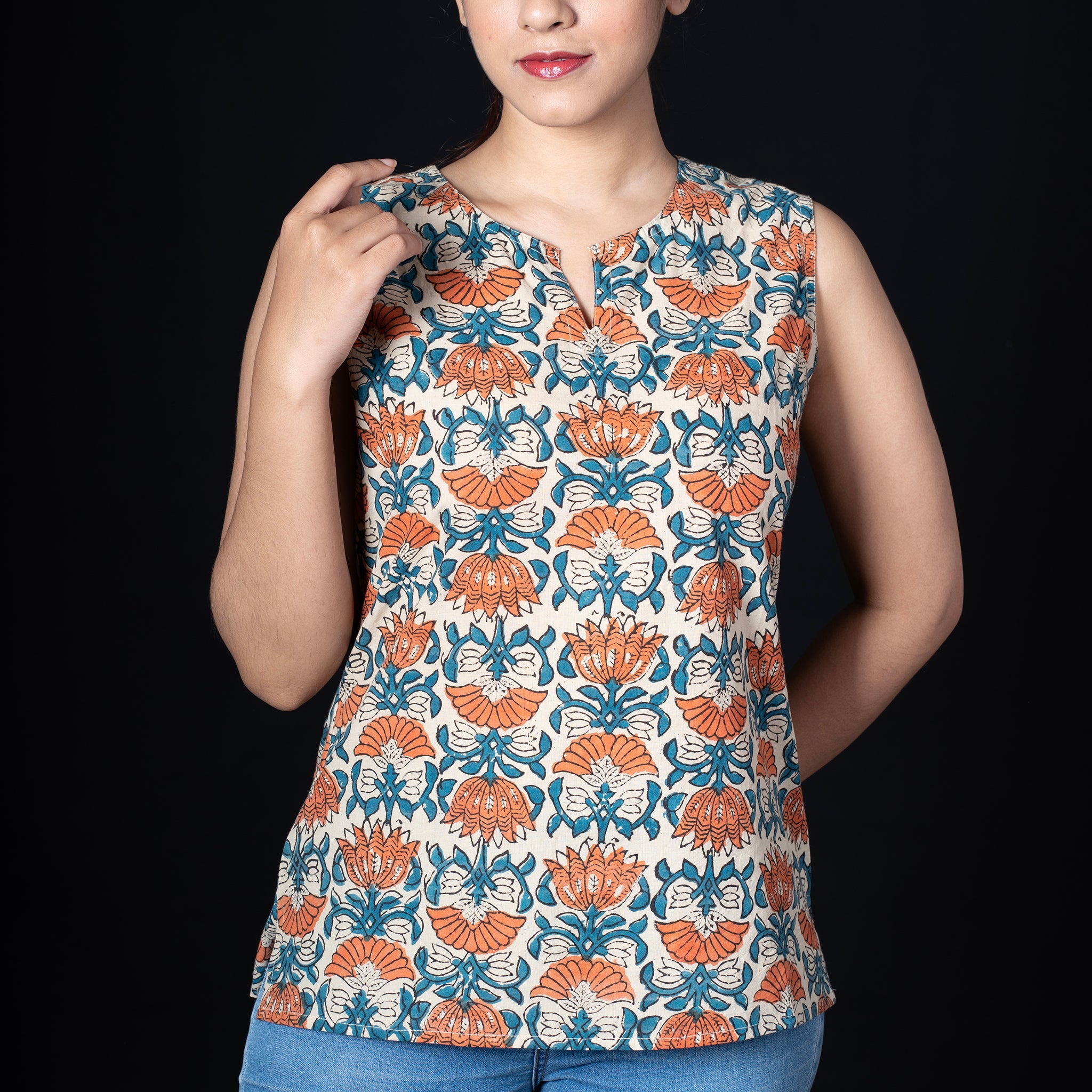Sleeveless Hand Block Printed Tunic - Orange
