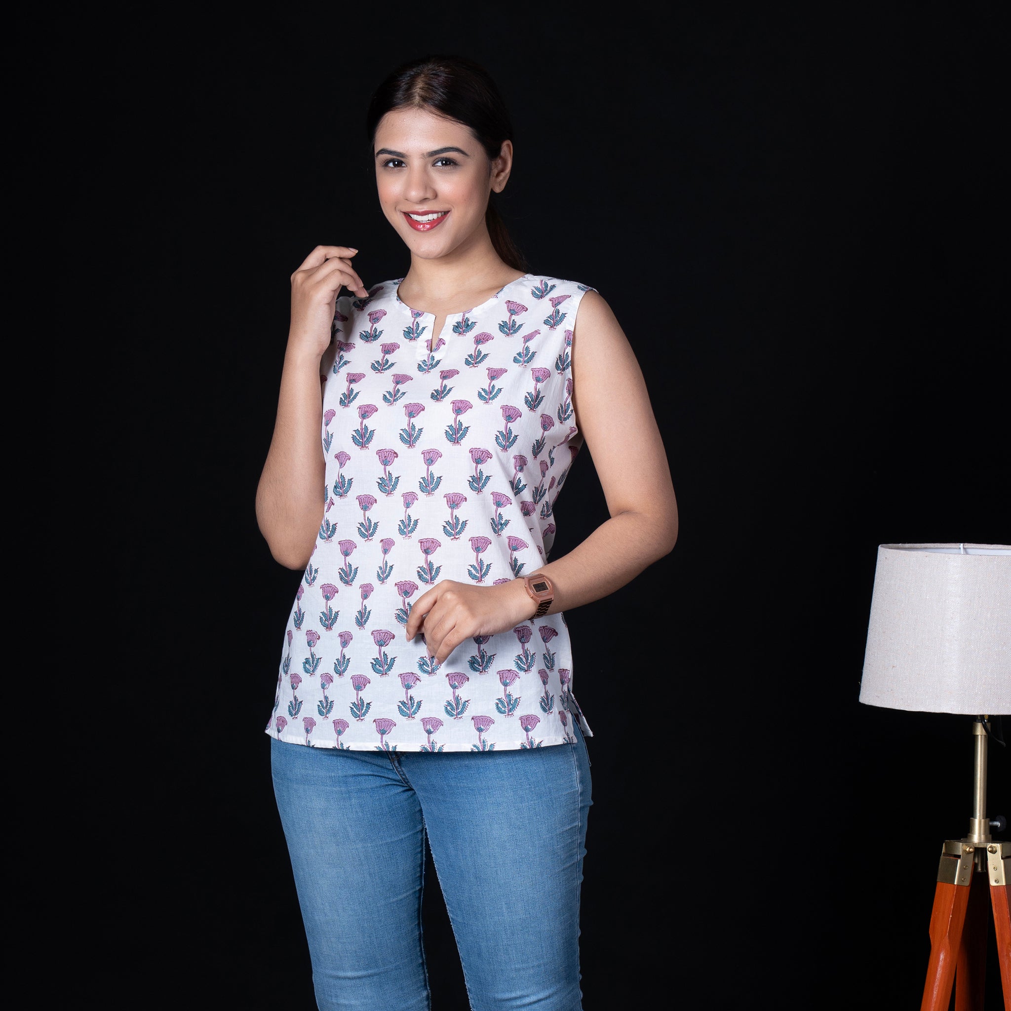 Sleeveless Hand Block Printed Tunic - White