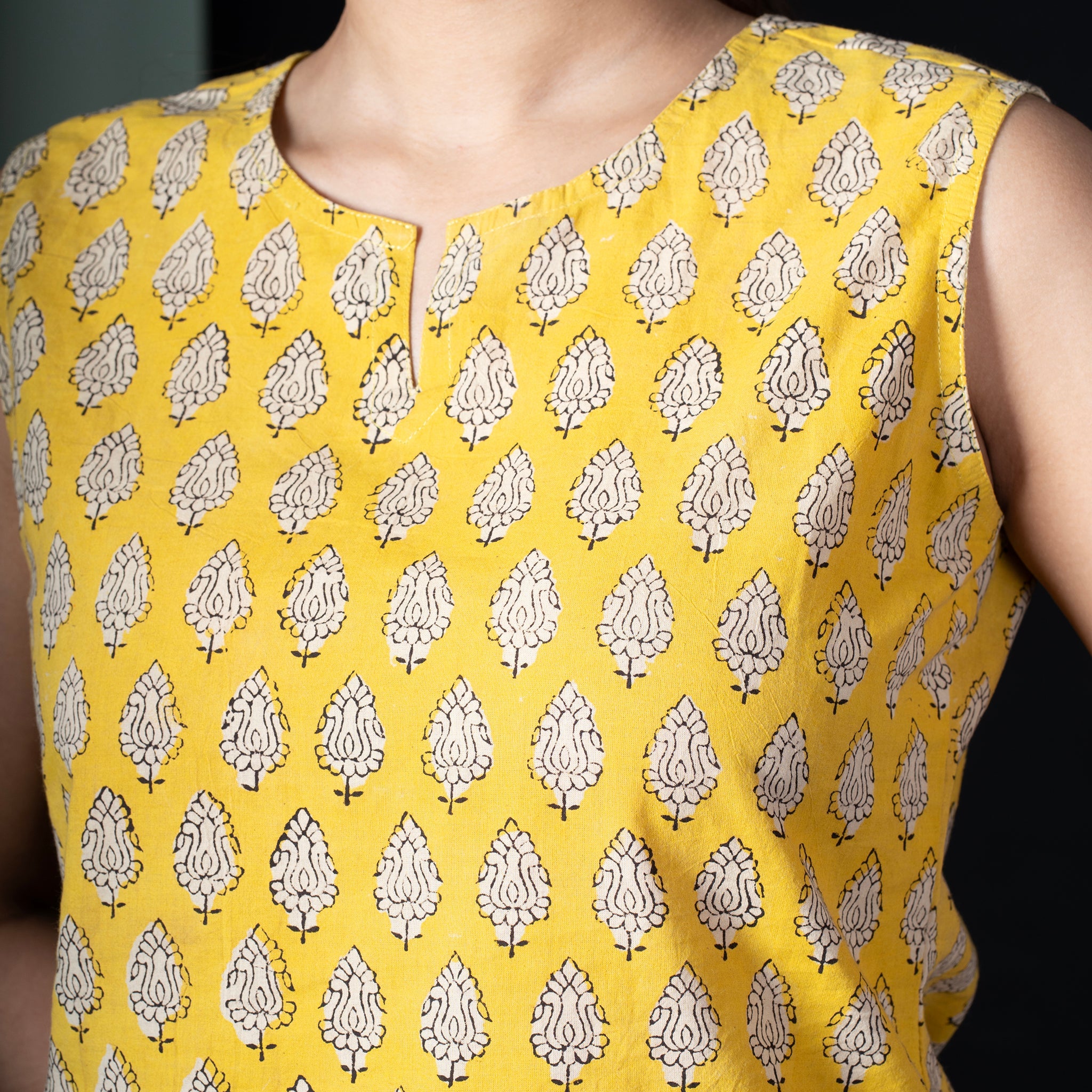 Sleeveless Hand Block Printed Tunic - Yellow