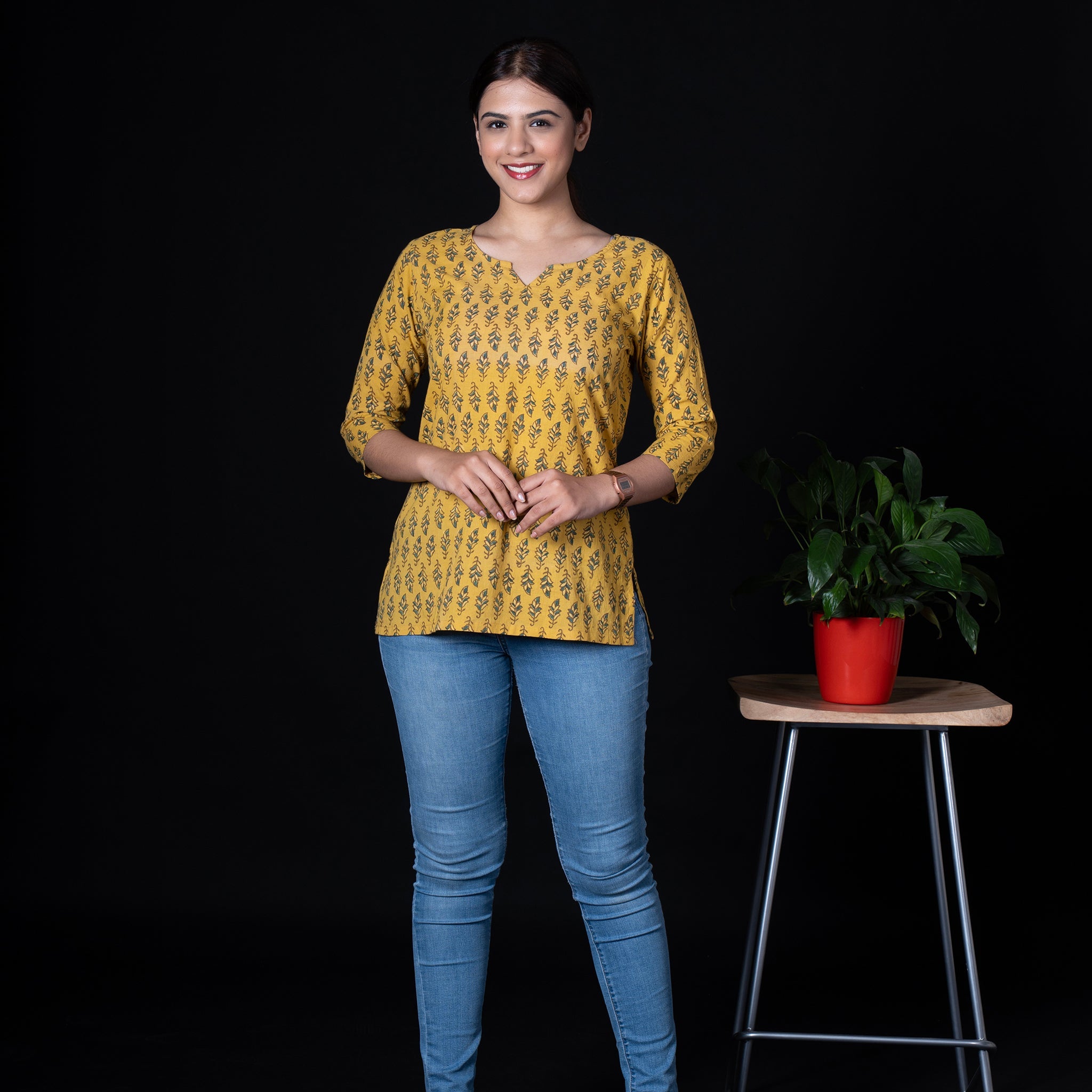 Ajrakh Cotton Short Kurta - Mustard