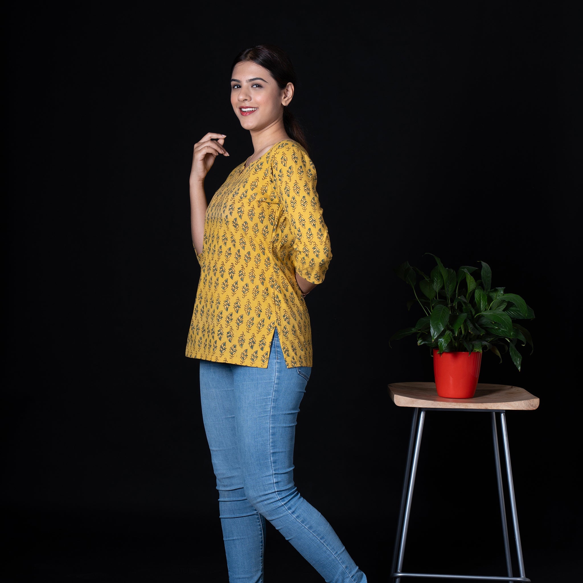 Ajrakh Cotton Short Kurta - Mustard