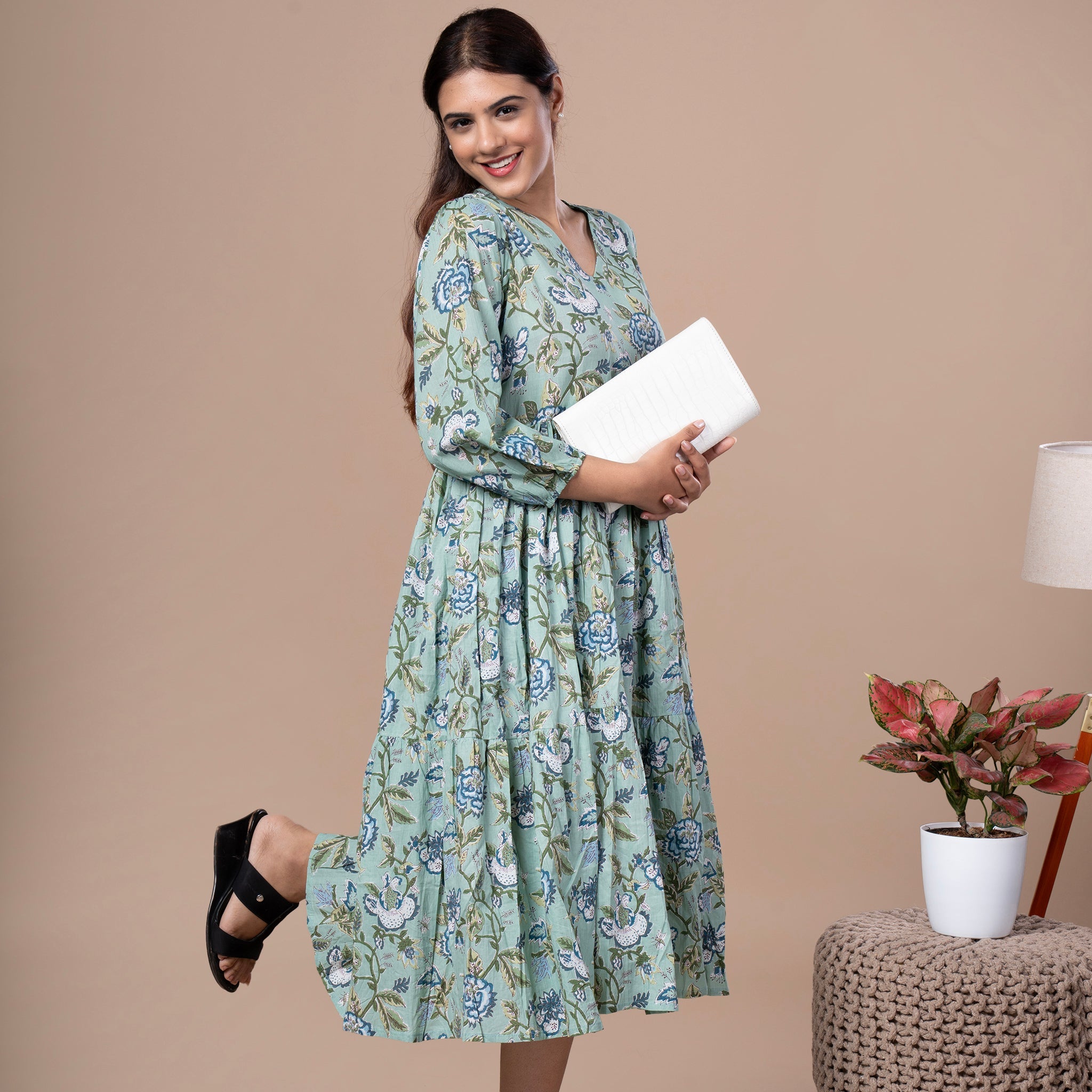 Floral Cotton One Piece Dress - Mint