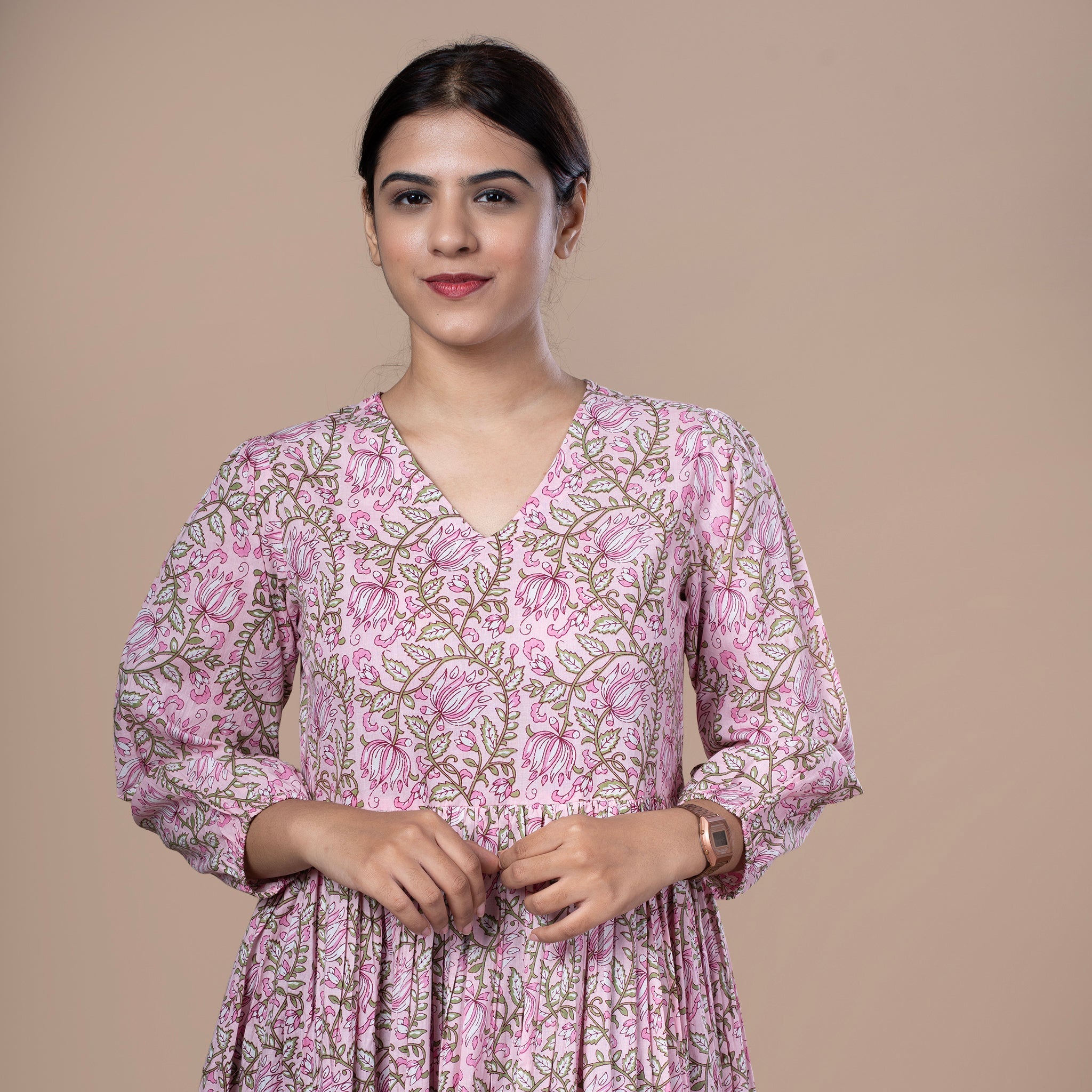 Floral Cotton One Piece Dress - Pink