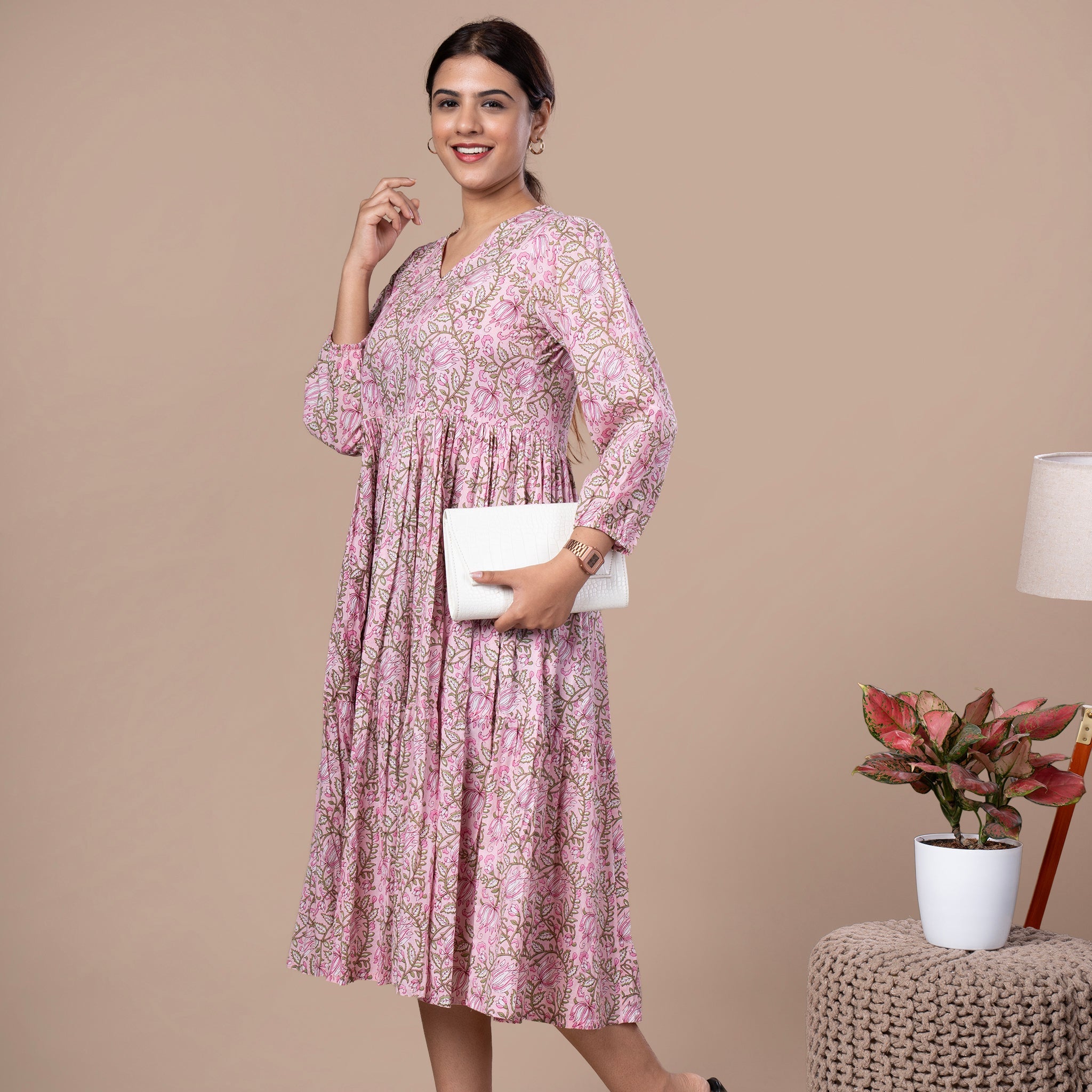 Floral Cotton One Piece Dress - Pink