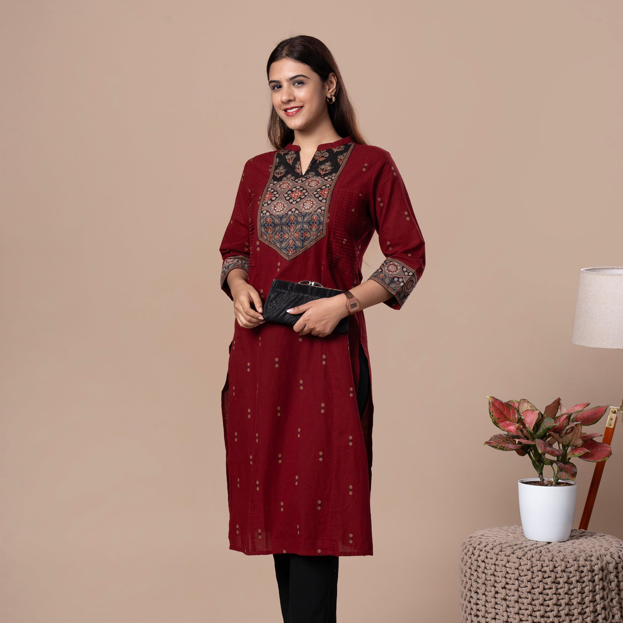 Ajrakh Handloom Cotton Kurta - Maroon