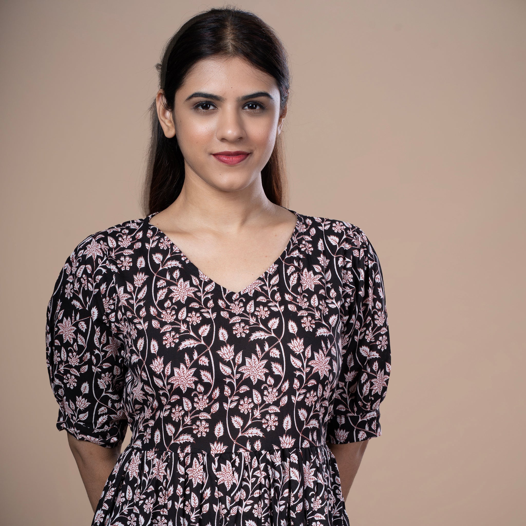 Bagru Print Cotton One Piece Dress - Black