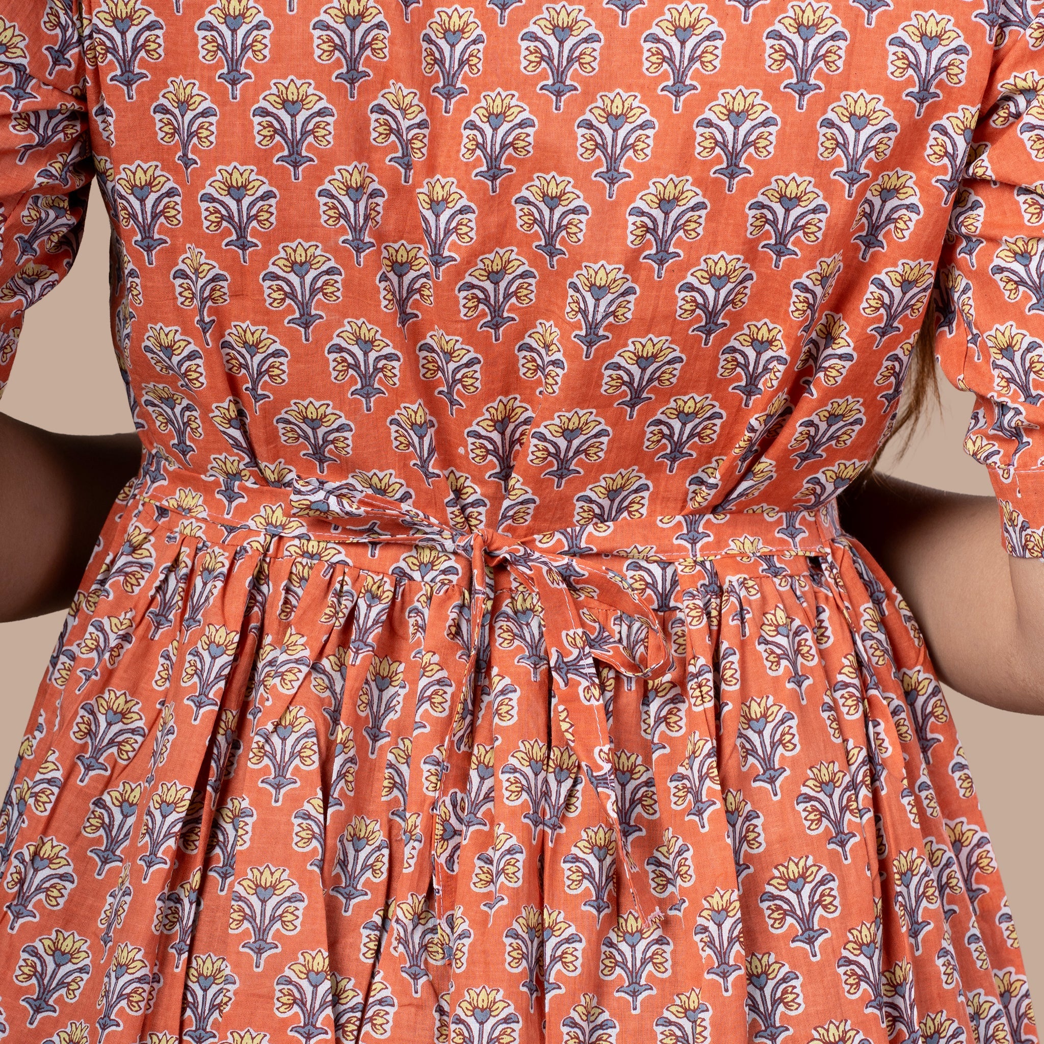 Bagru Print Cotton One Piece Dress - Orange