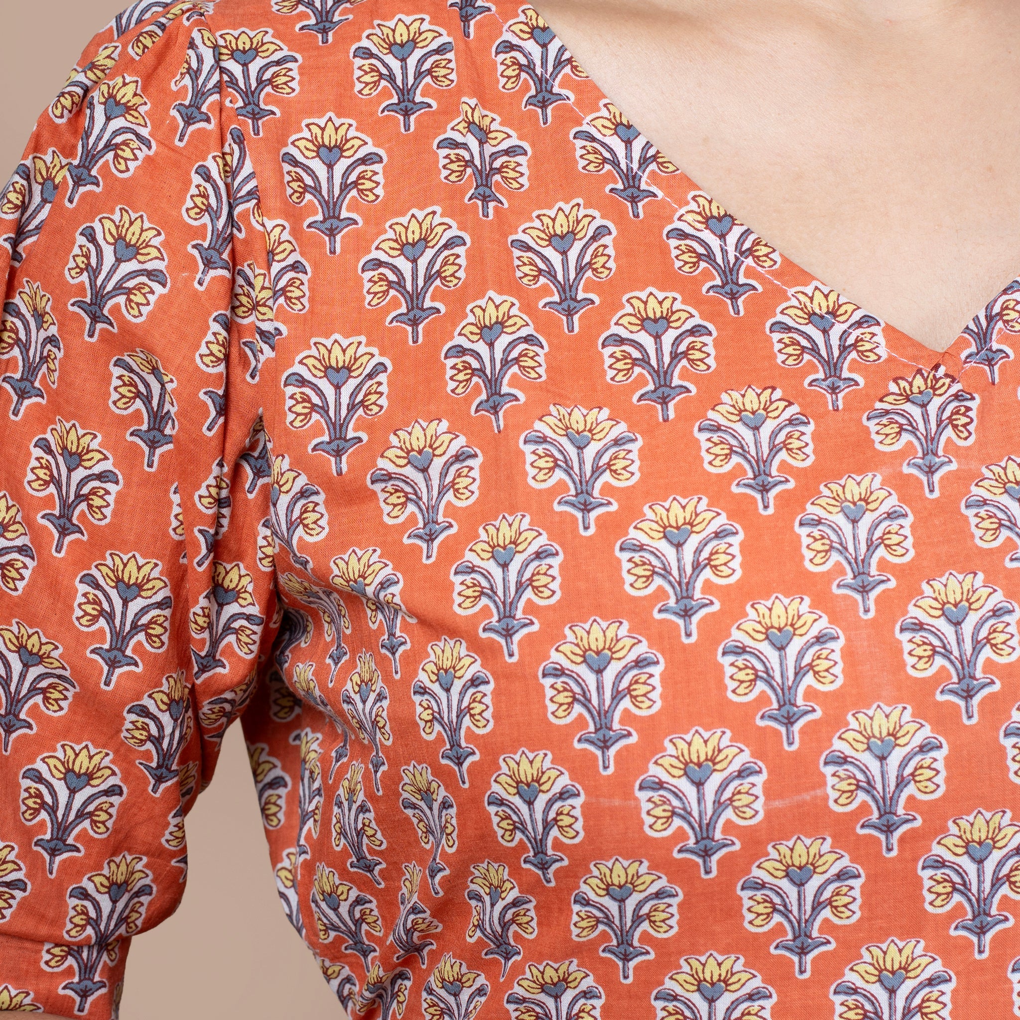 Bagru Print Cotton One Piece Dress - Orange