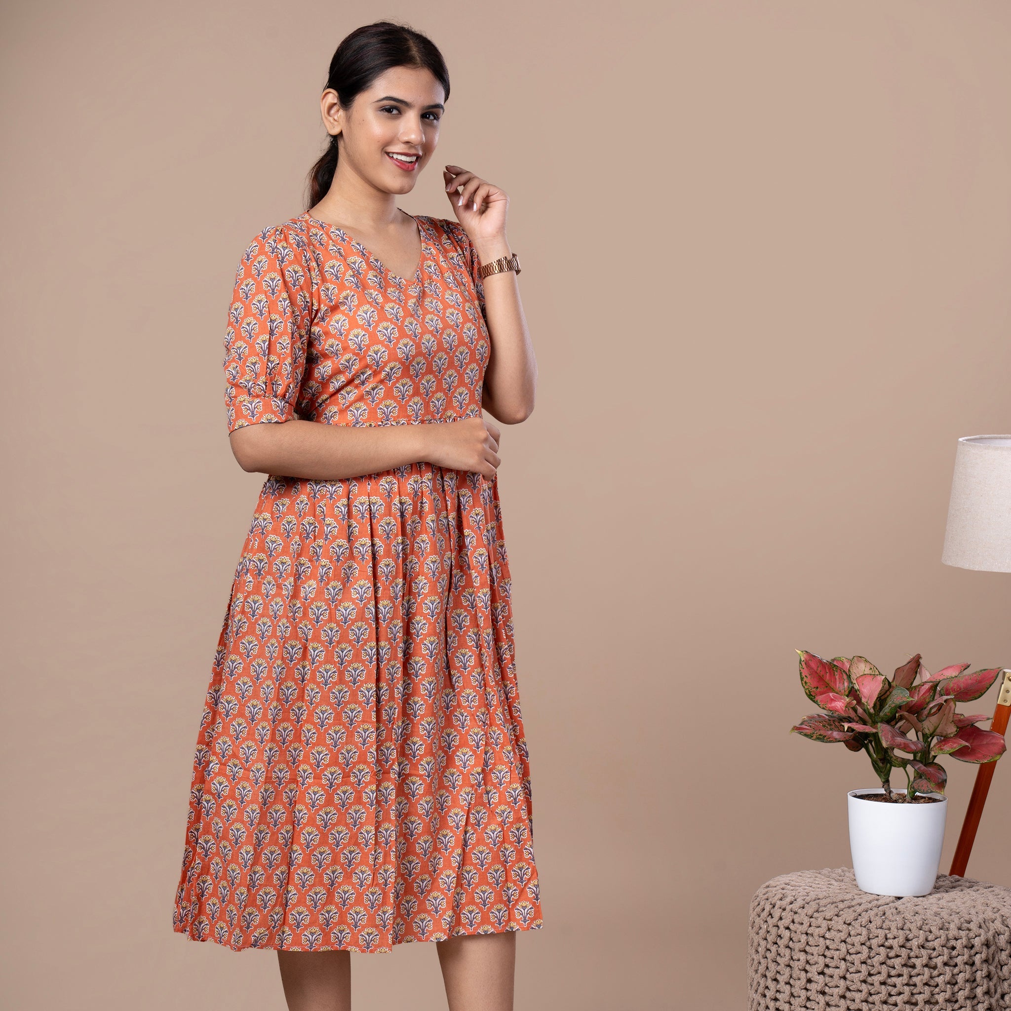 Bagru Print Cotton One Piece Dress - Orange