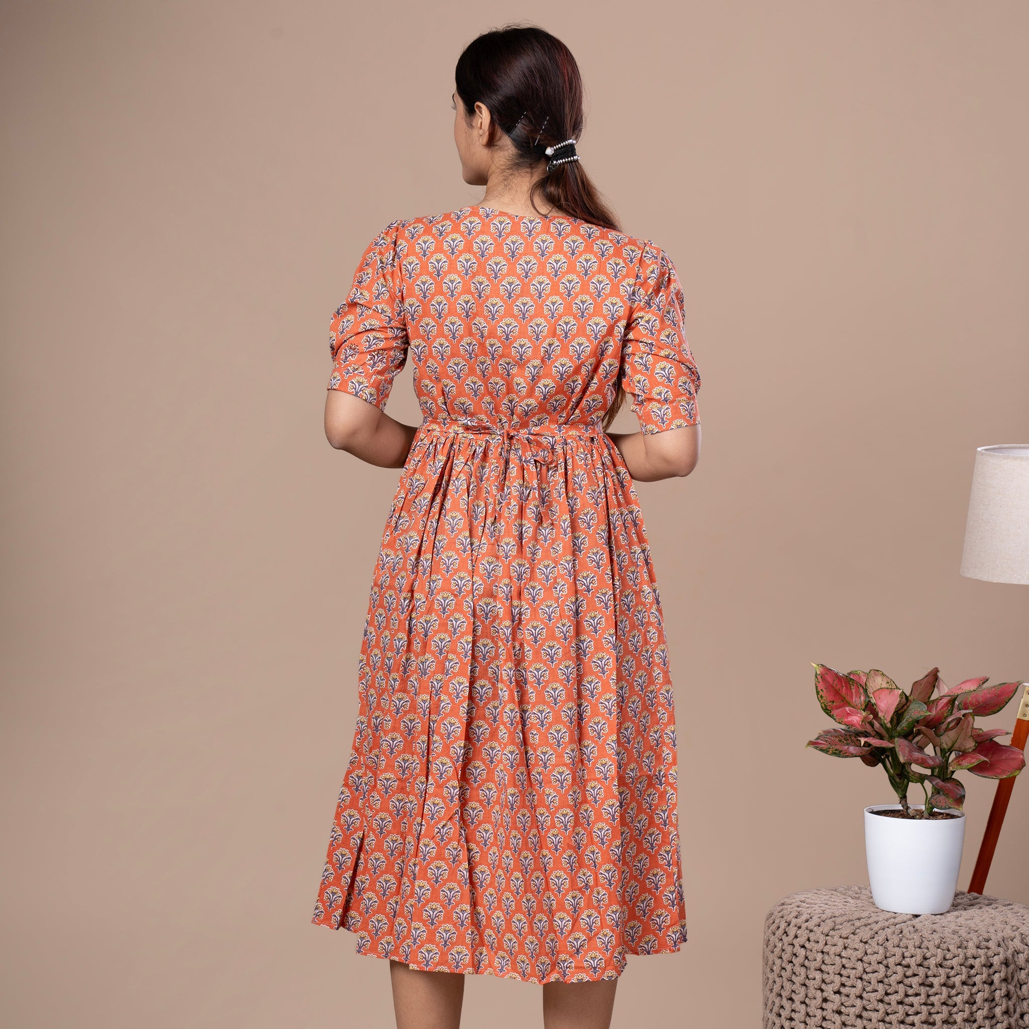 Bagru Print Cotton One Piece Dress - Orange