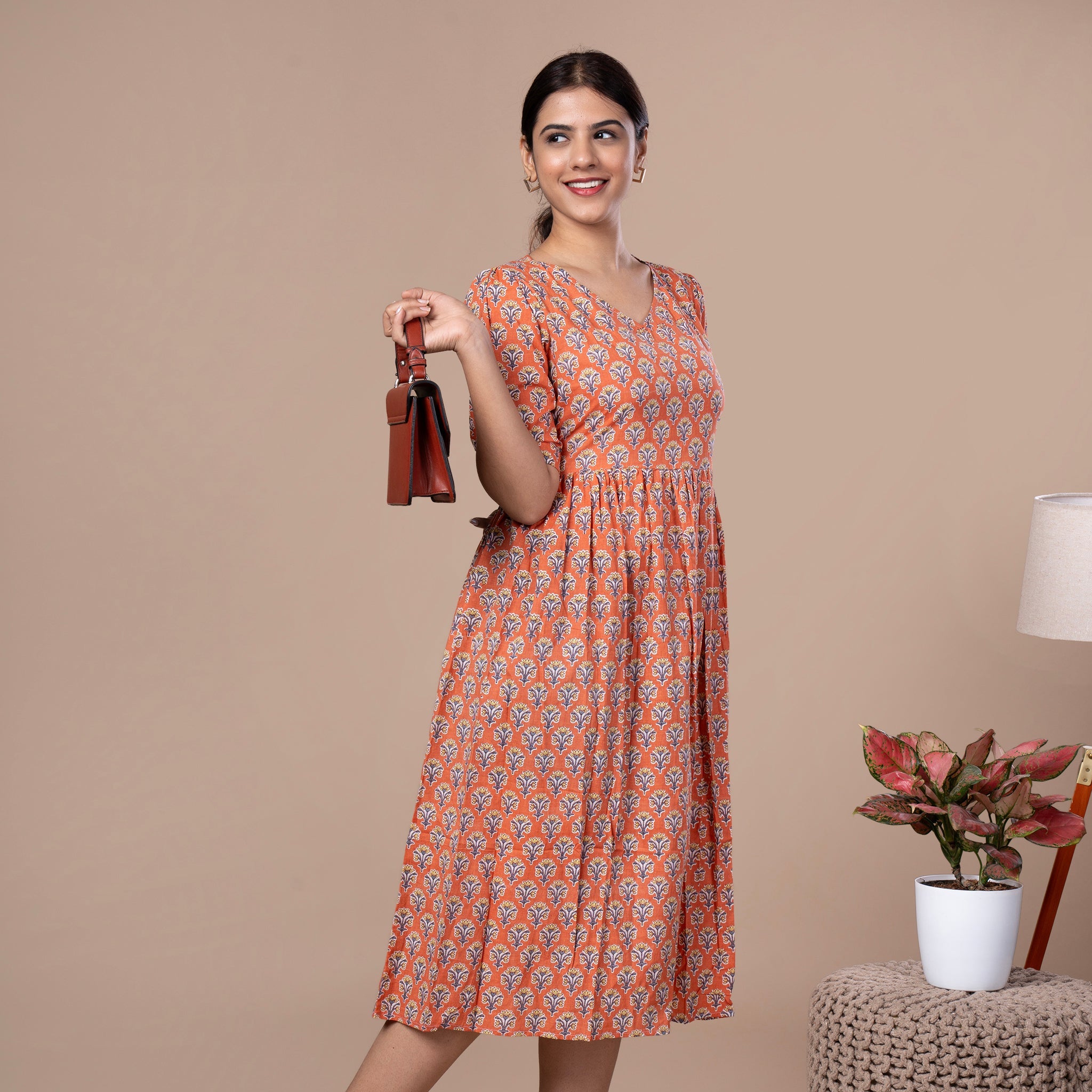 Bagru Print Cotton One Piece Dress - Orange