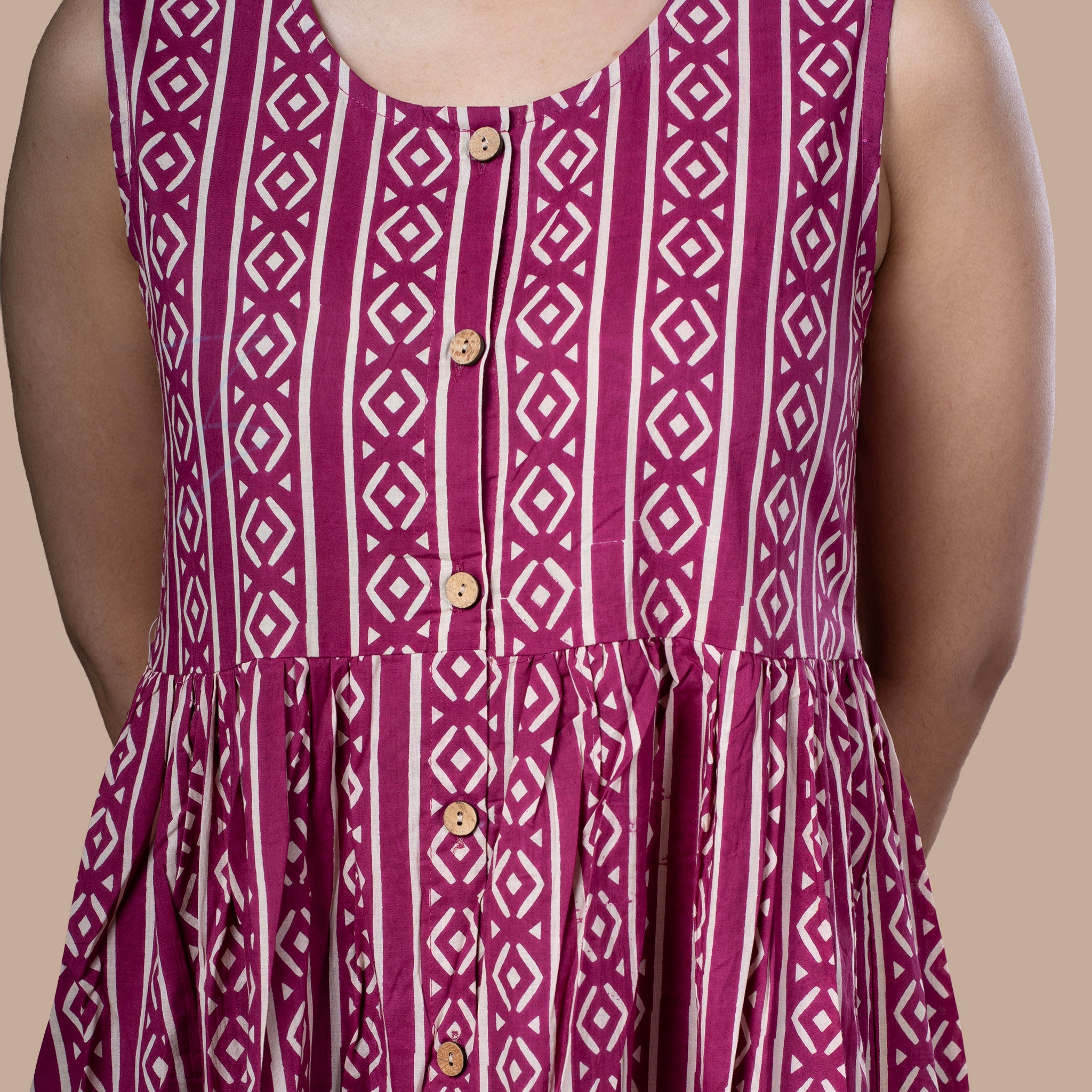 Hand Block Sleeveless Cotton One Piece Frill Dress - Magenta