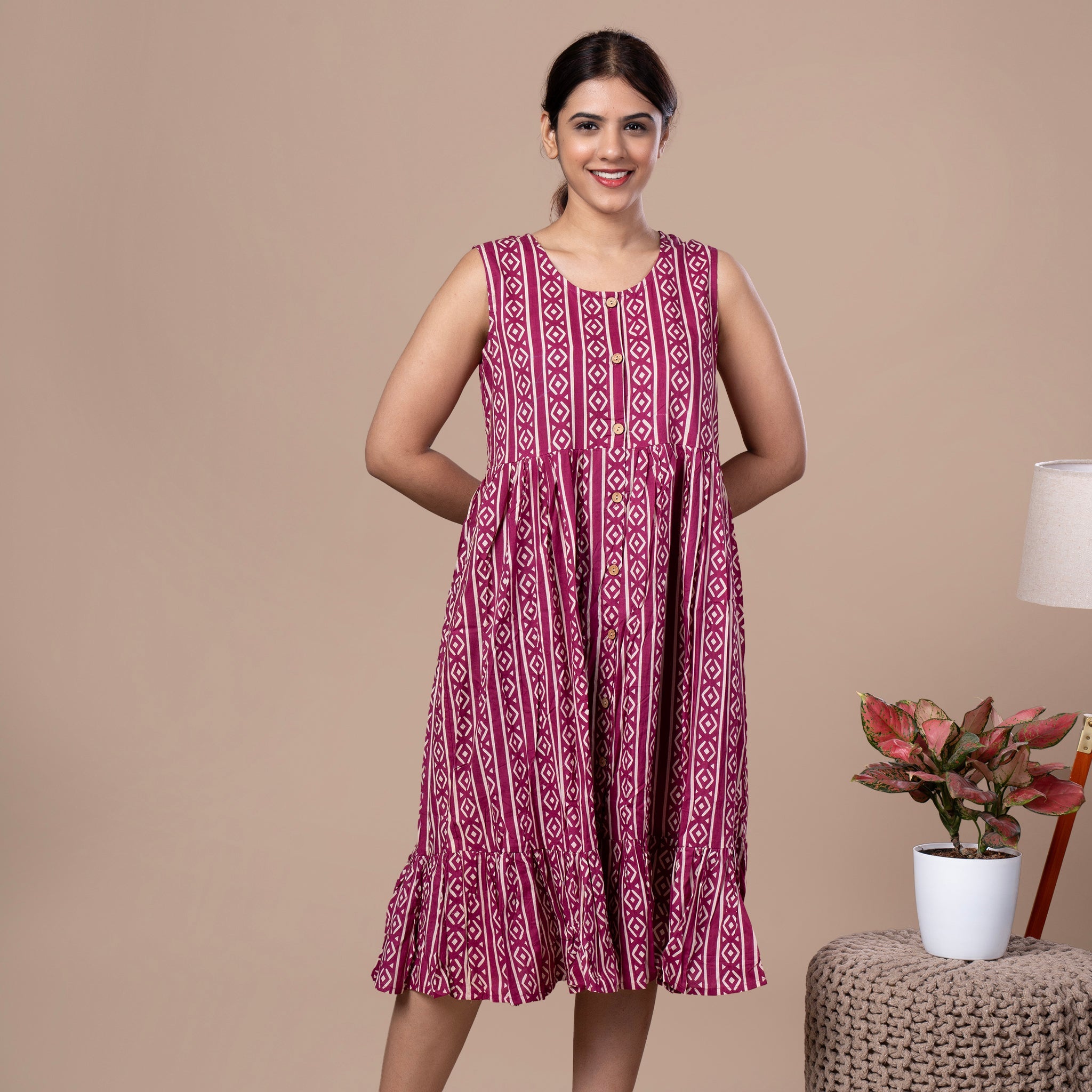 Hand Block Sleeveless Cotton One Piece Frill Dress - Magenta