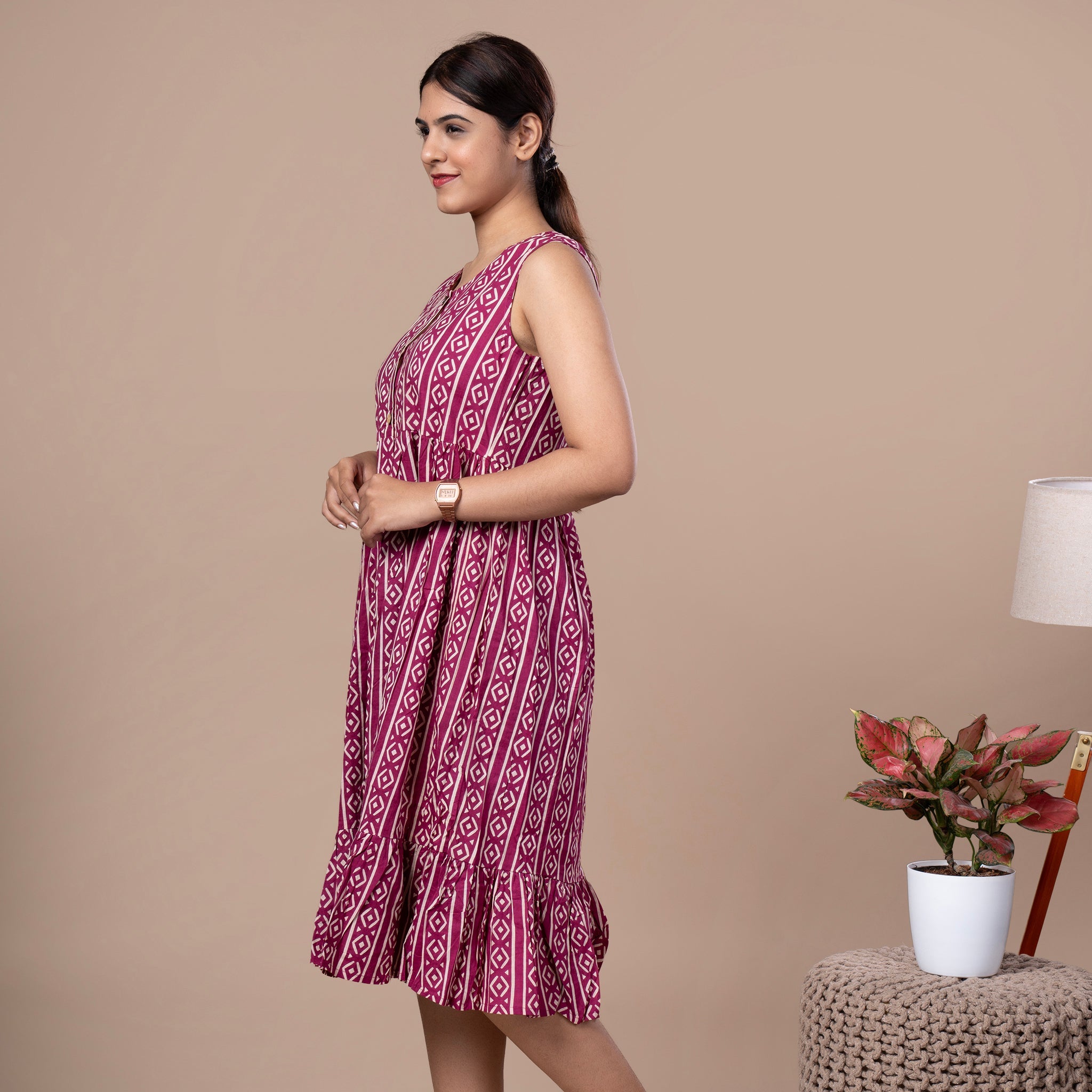 Hand Block Sleeveless Cotton One Piece Frill Dress - Magenta