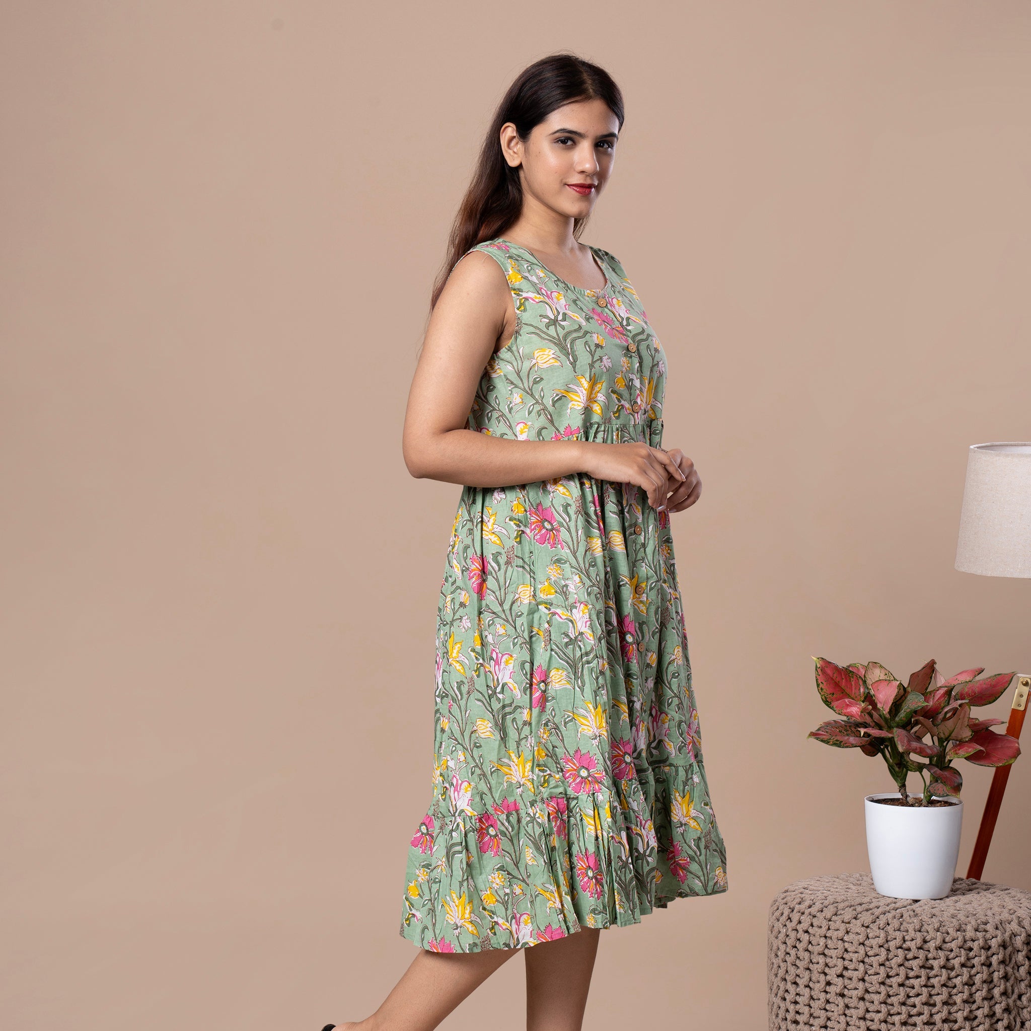 Hand Block Sleeveless Cotton One Piece Frill Dress - Lavendar Green