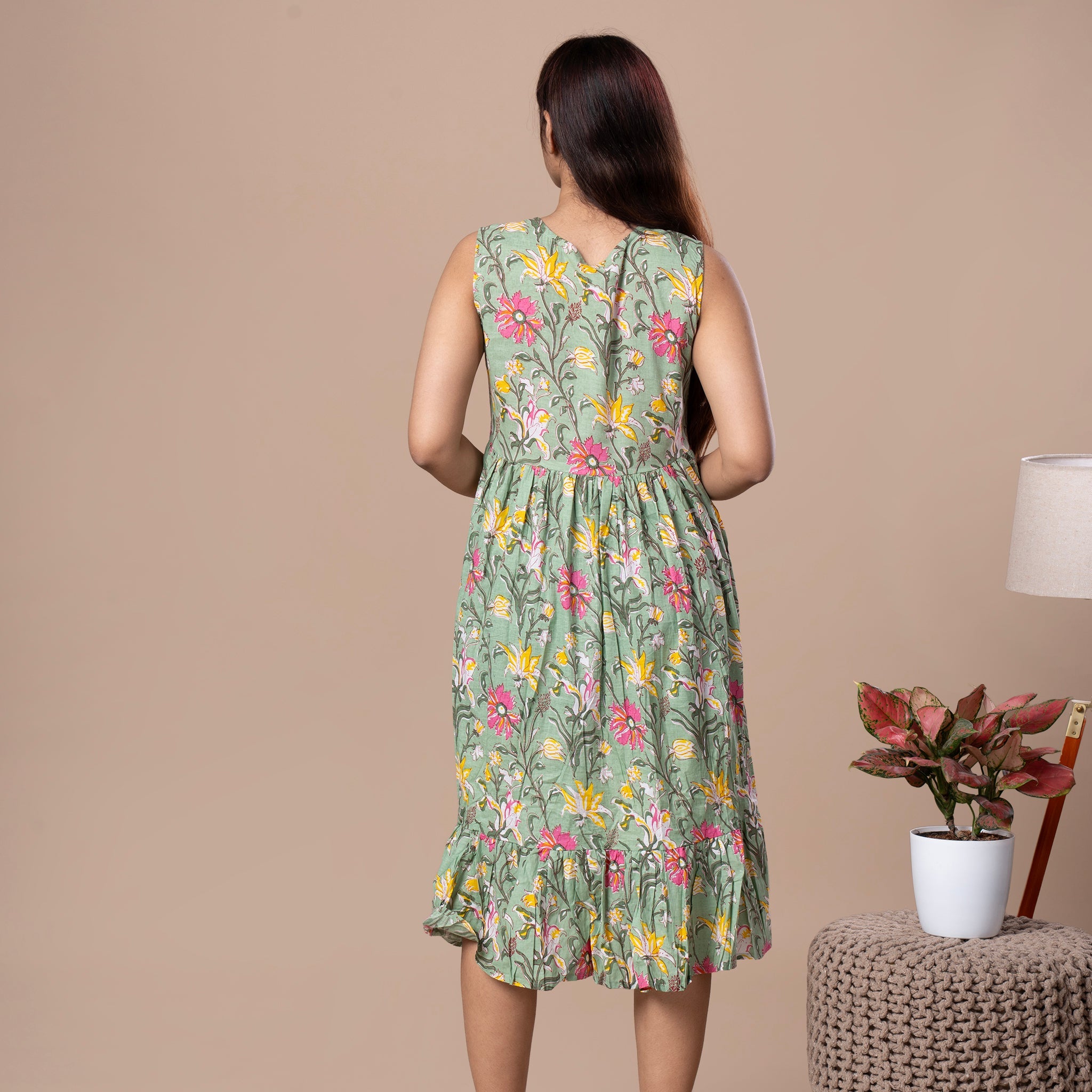 Hand Block Sleeveless Cotton One Piece Frill Dress - Lavendar Green