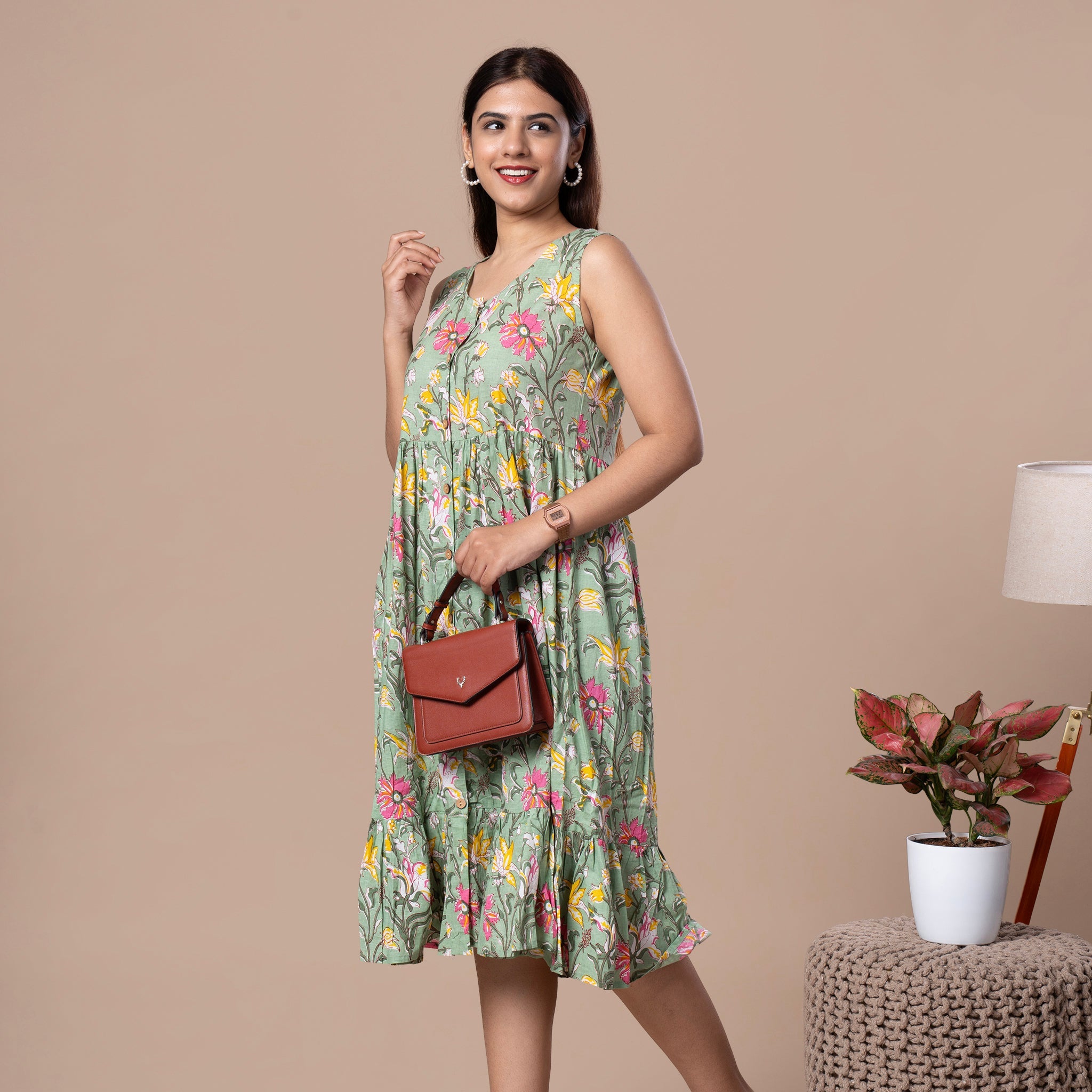 Hand Block Sleeveless Cotton One Piece Frill Dress - Lavendar Green