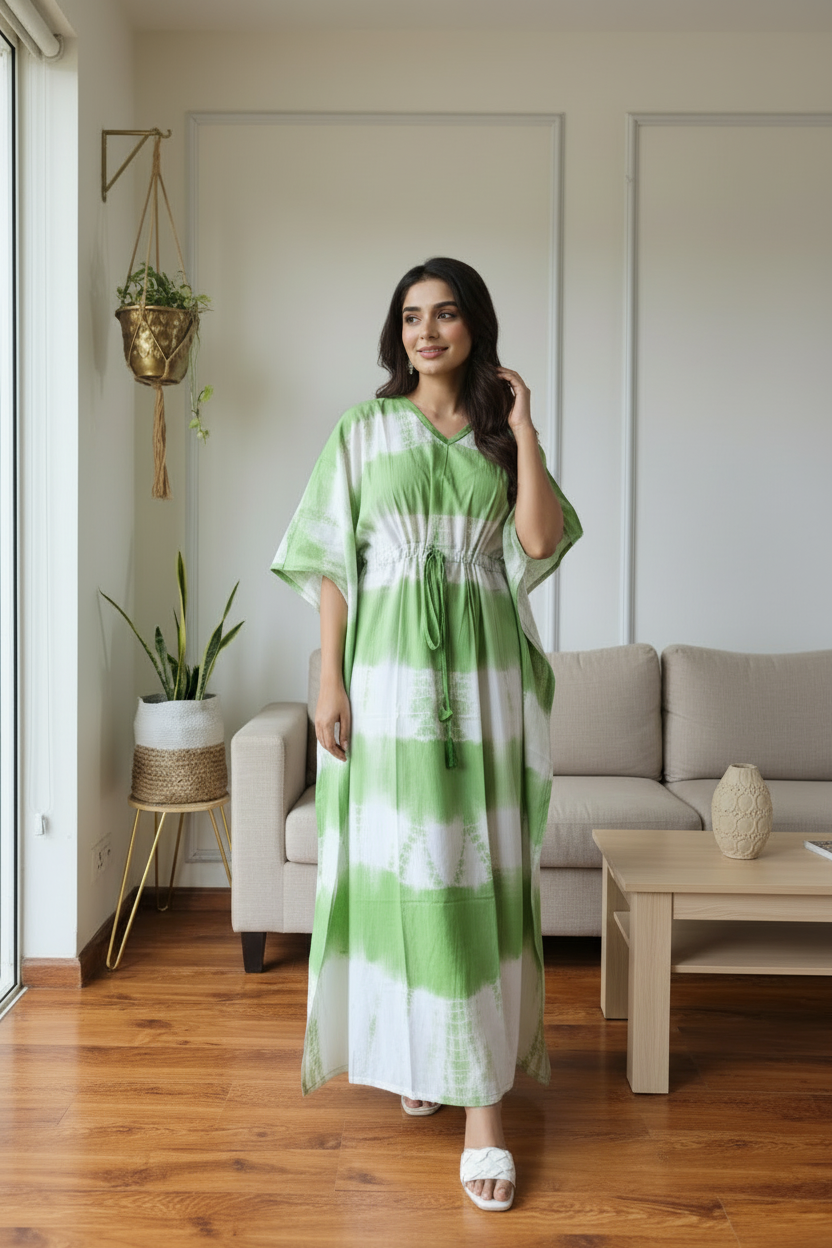 Shibhori Cotton Kaftan Nightie - Green