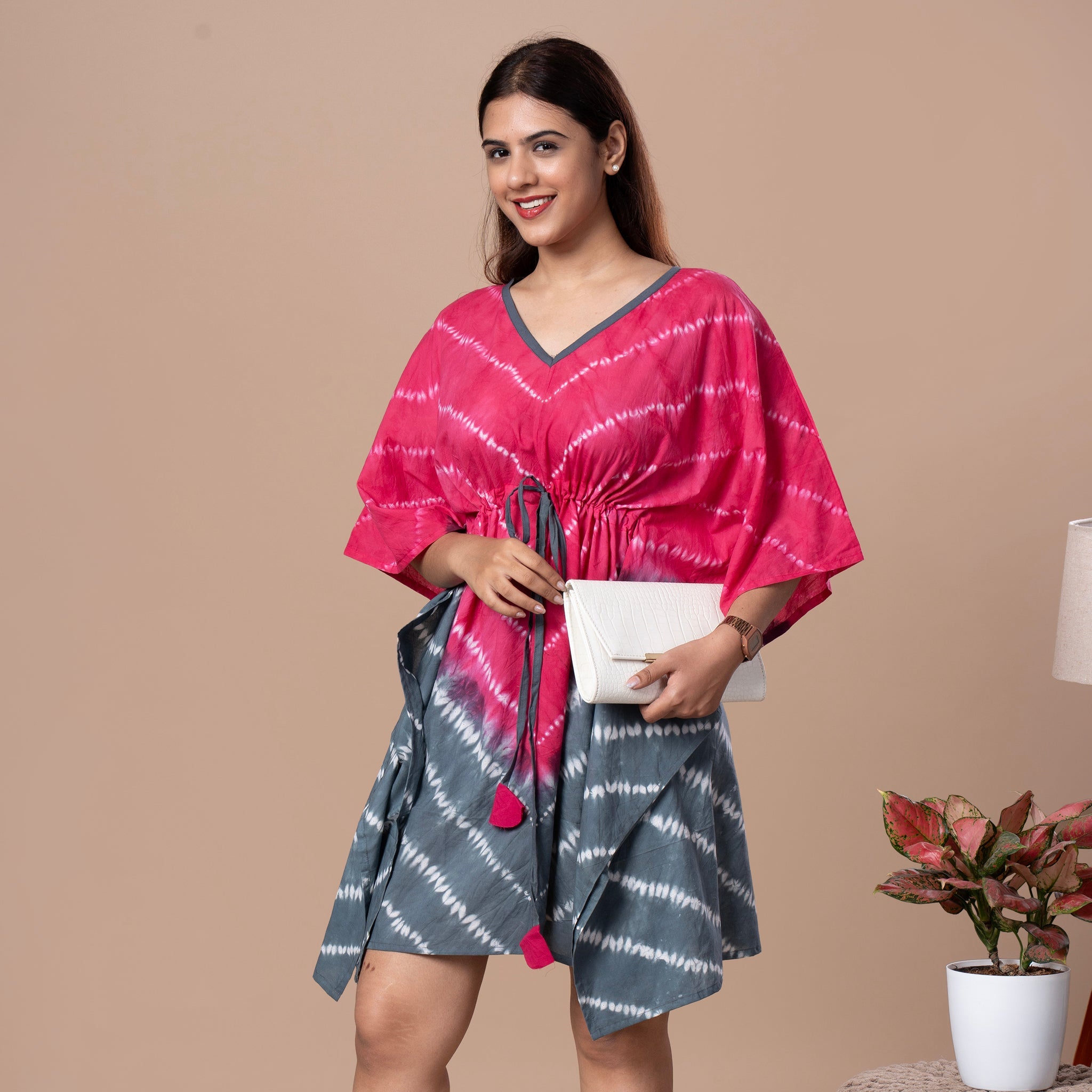 Shibhori Cotton Kaftan Tunic - Magenta