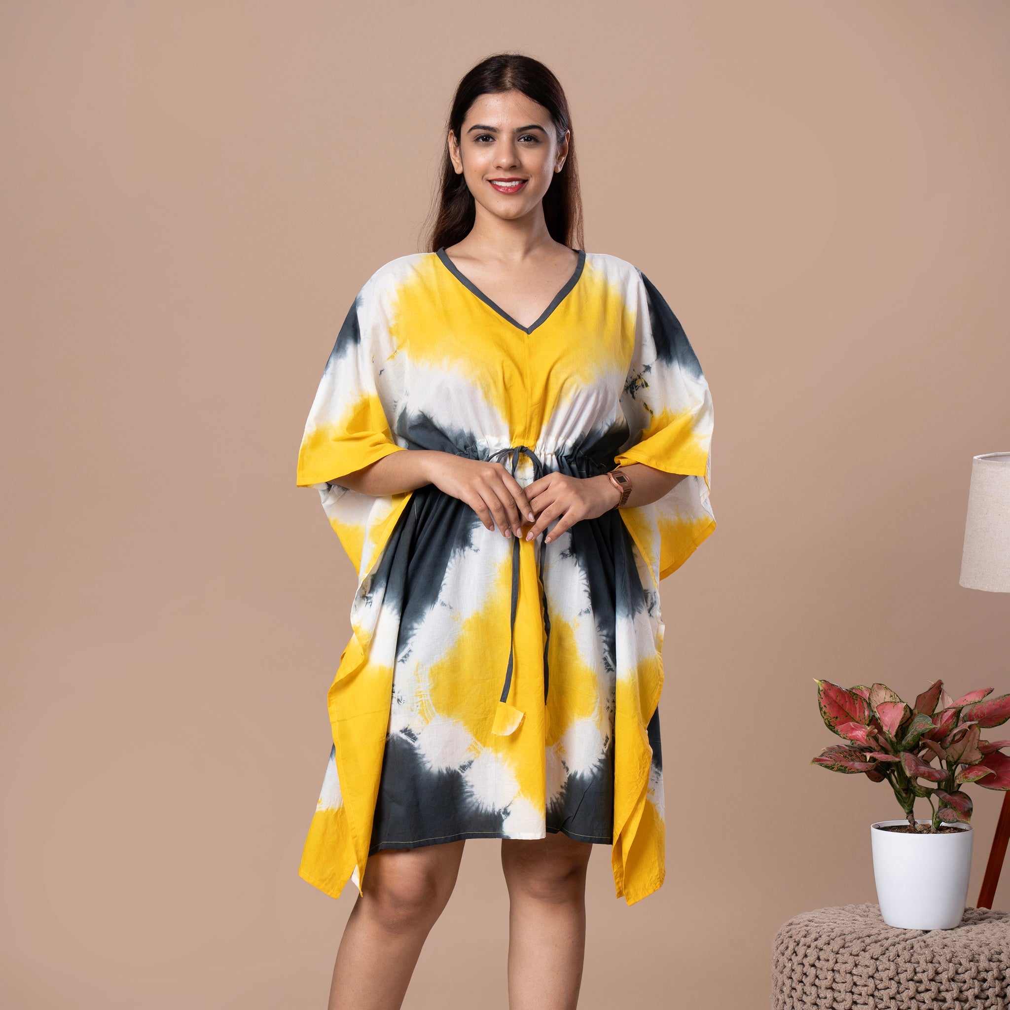 Shibhori Cotton Kaftan Tunic - Yellow