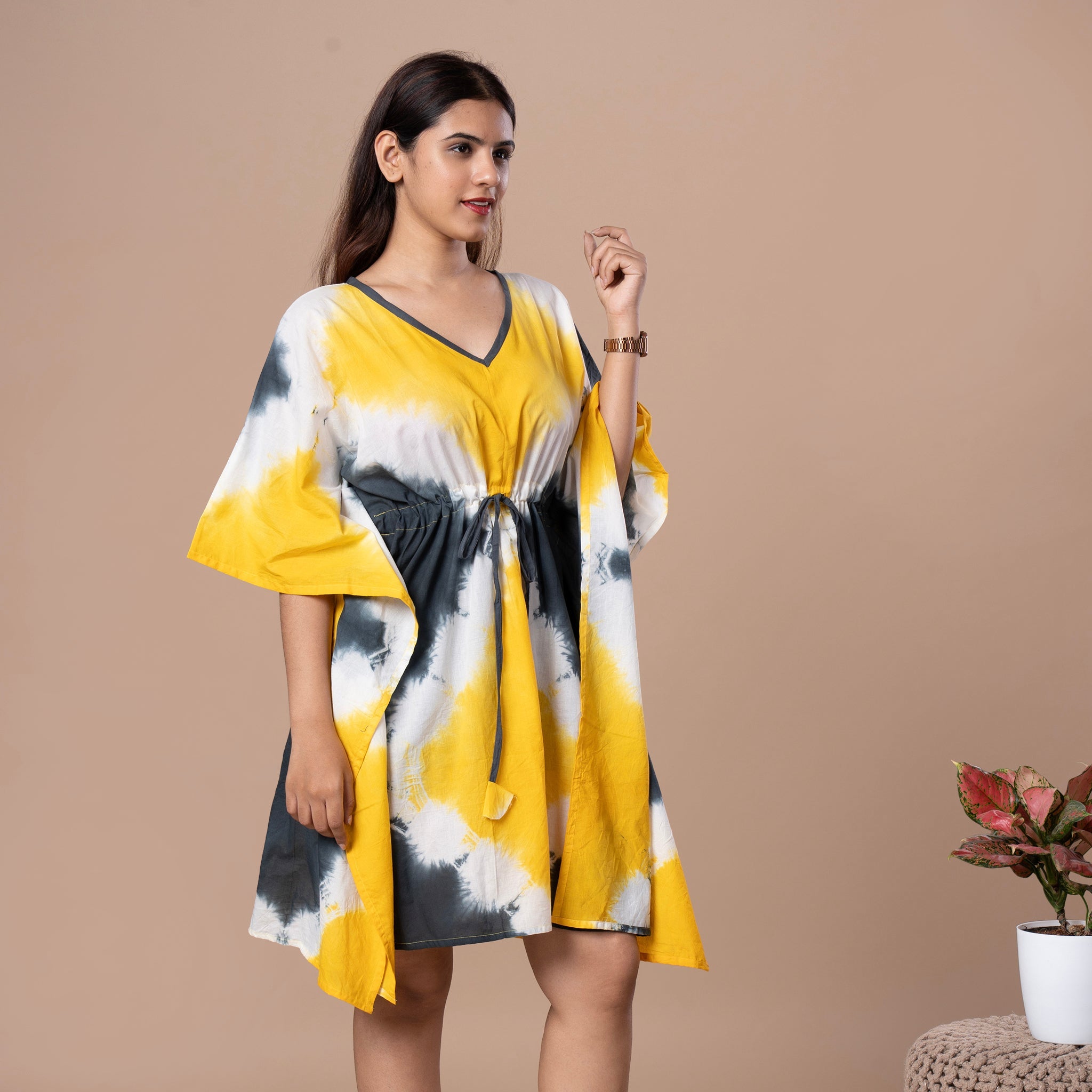 Shibhori Cotton Kaftan Tunic - Yellow