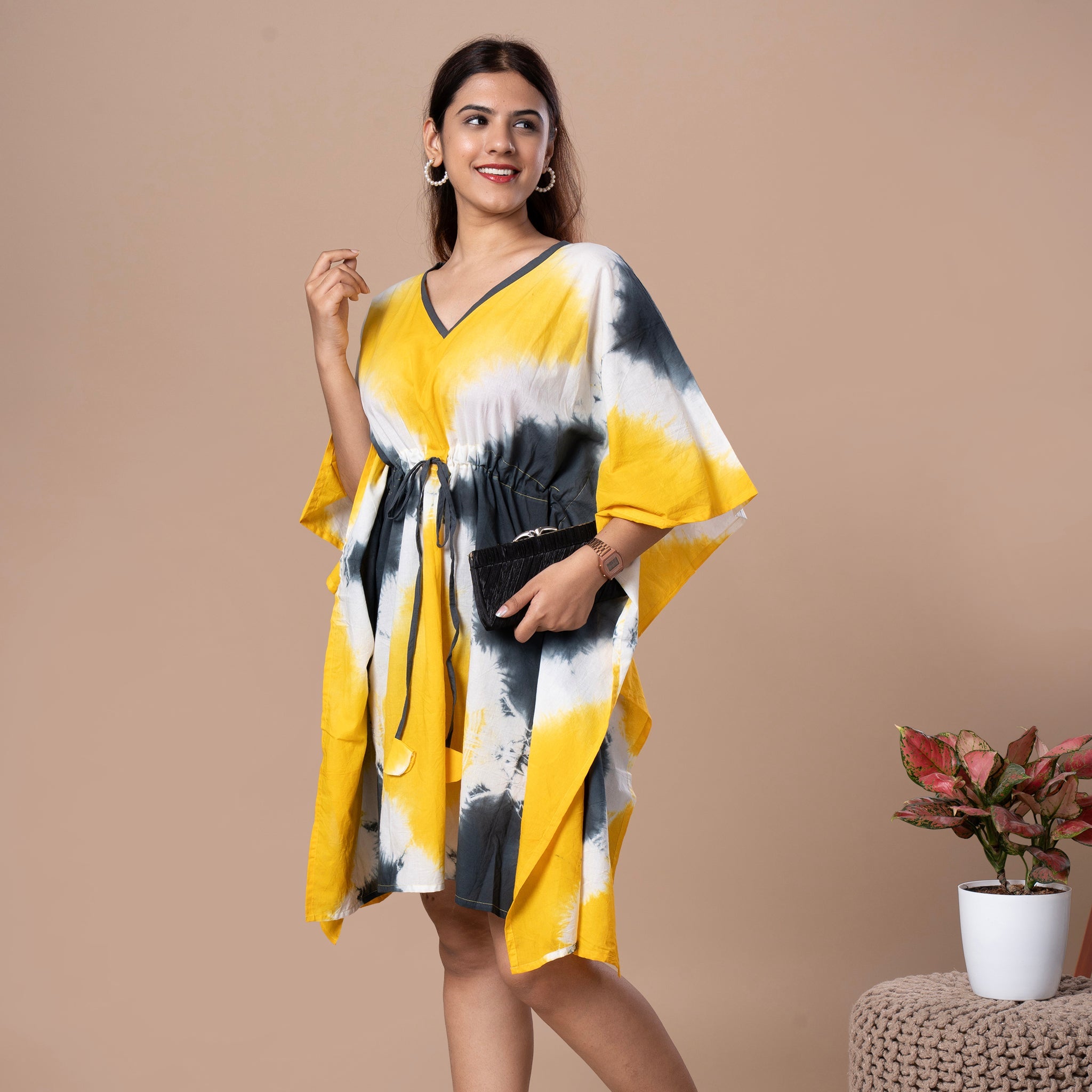 Shibhori Cotton Kaftan Tunic - Yellow