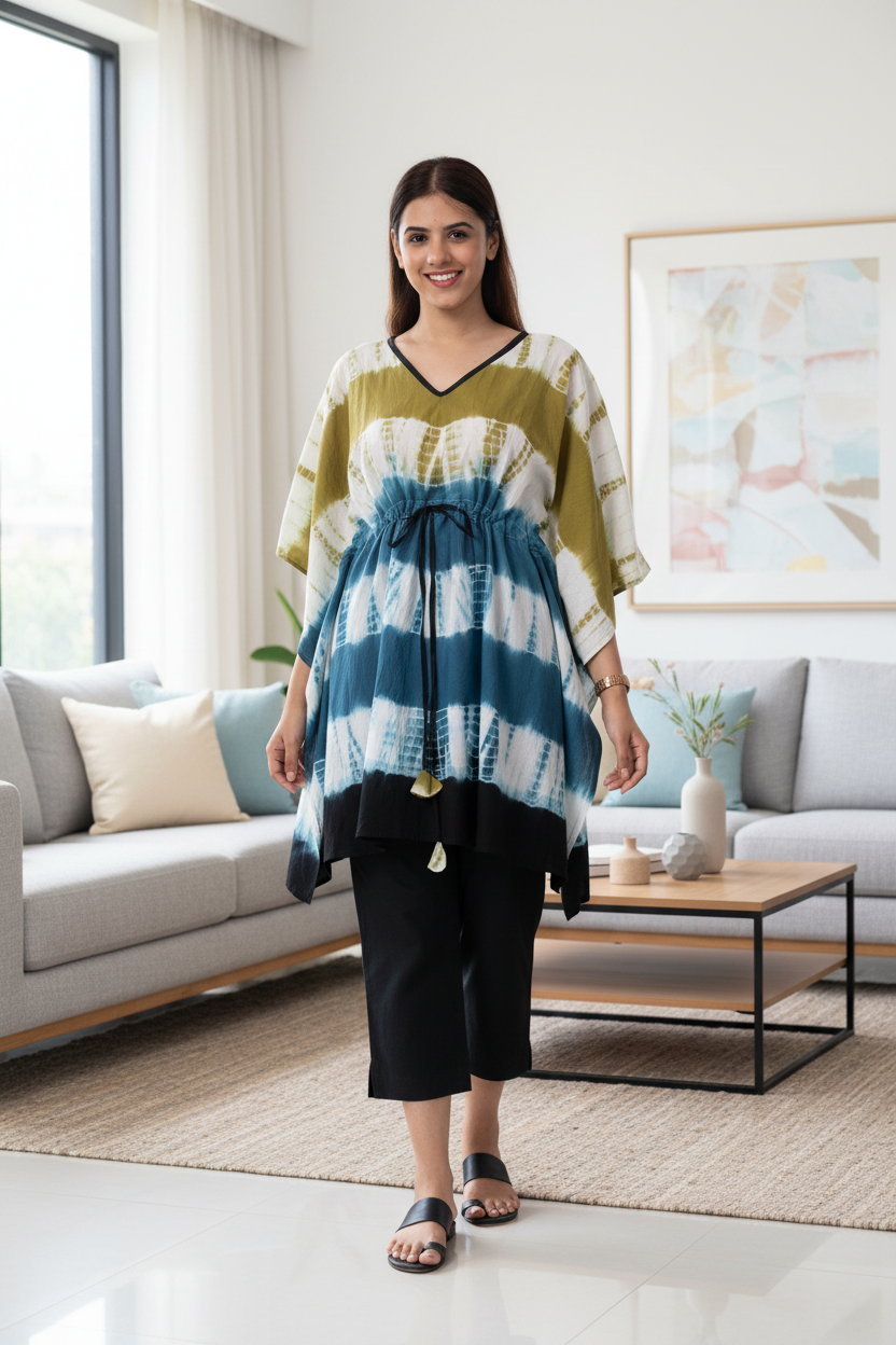 Shibhori Cotton Kaftan Tunic - Green