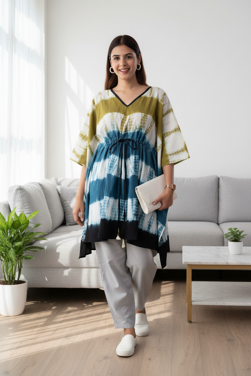 Shibhori Cotton Kaftan Tunic - Green